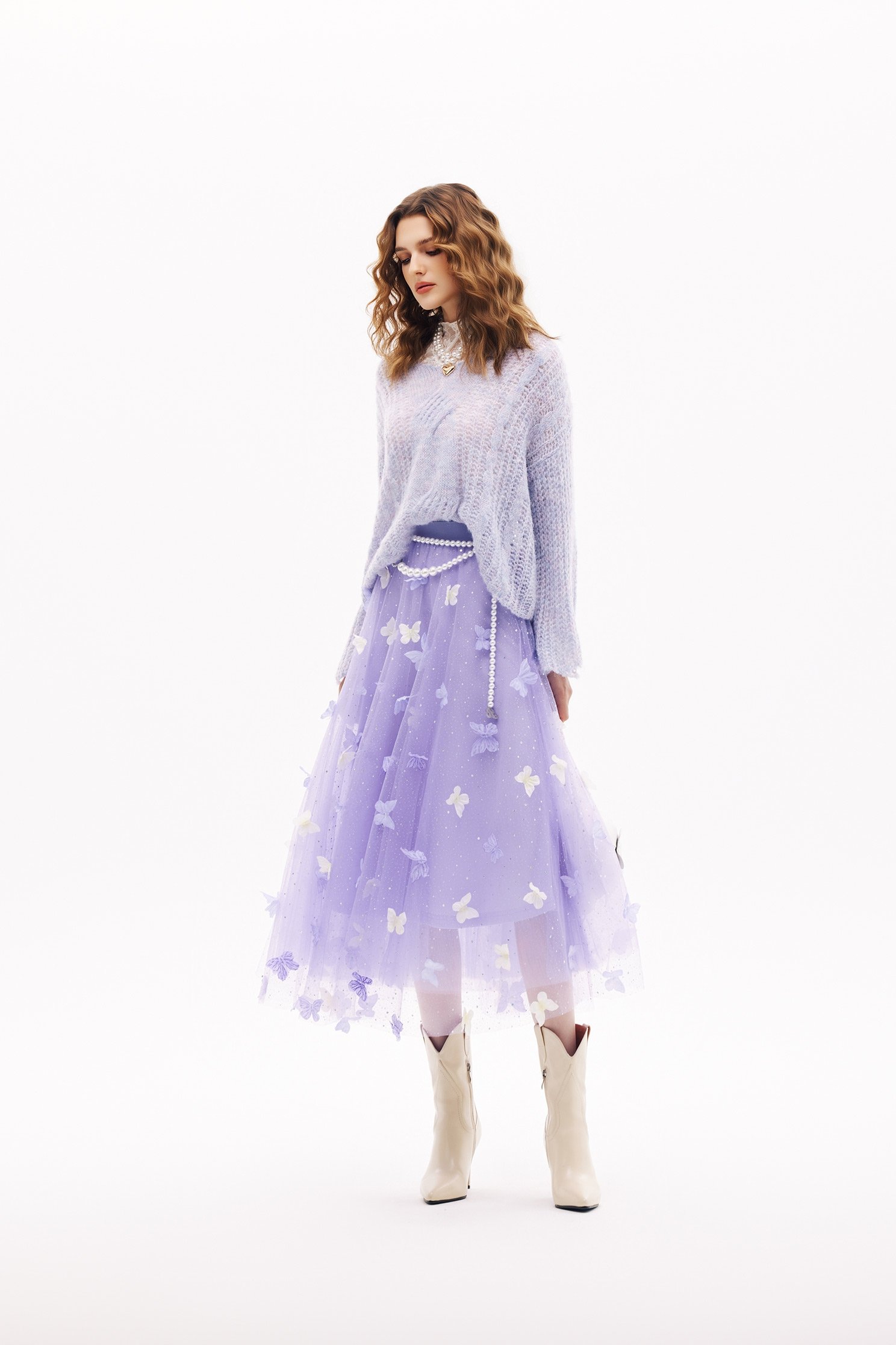 3-D Butterfly Motif Sequin Mesh Skirt3-D Butterfly Motif Sequin Mesh Skirt,Season (SS) Look,Mesh fabric,Midi skirts