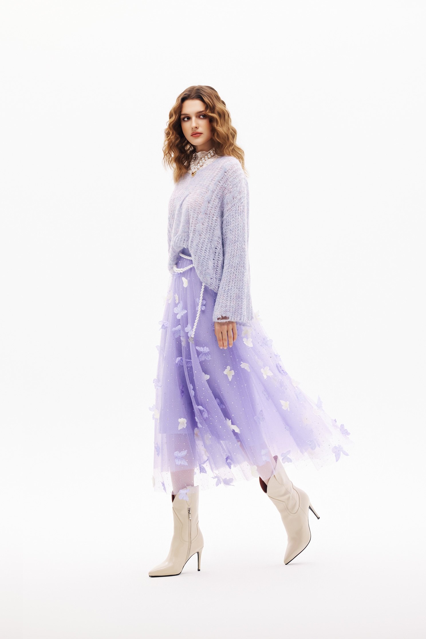 3-D Butterfly Motif Sequin Mesh Skirt3-D Butterfly Motif Sequin Mesh Skirt,Season (SS) Look,Mesh fabric,Midi skirts