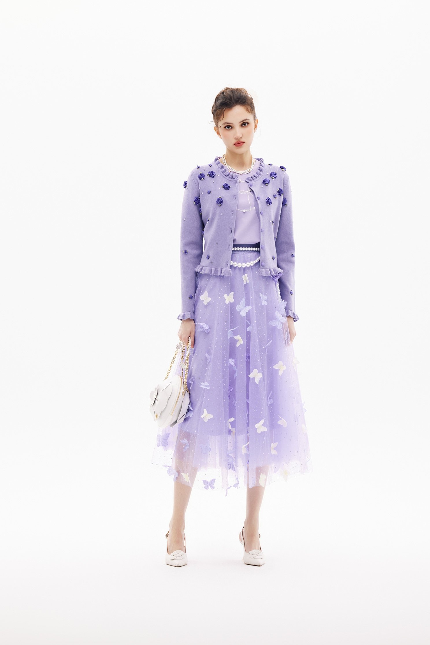 3-D Butterfly Motif Sequin Mesh Skirt3-D Butterfly Motif Sequin Mesh Skirt,Season (SS) Look,Mesh fabric,Midi skirts