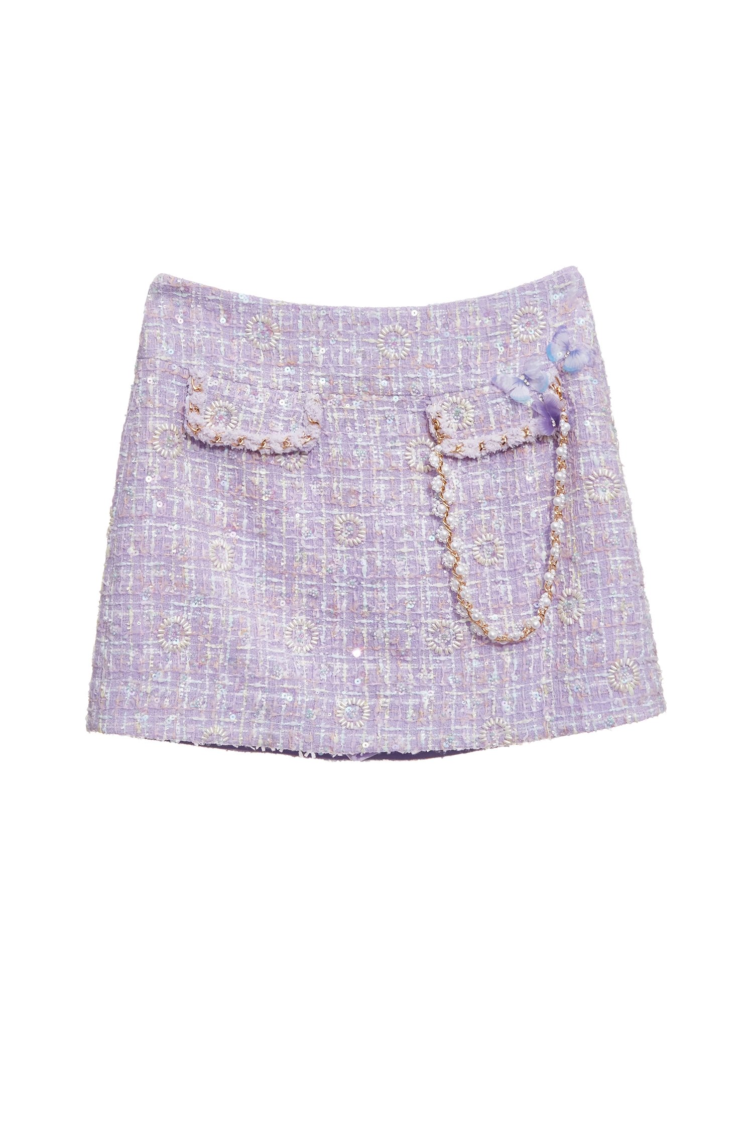 Braided Chain Detail Purple Tweed SkirtBraided Chain Detail Purple Tweed Skirt,Season (SS) Look,pearl,Mini skirts