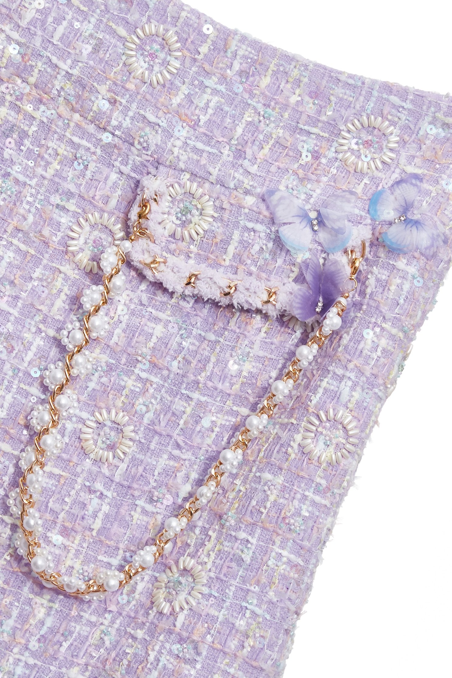 Braided Chain Detail Purple Tweed SkirtBraided Chain Detail Purple Tweed Skirt,Season (SS) Look,pearl,Mini skirts