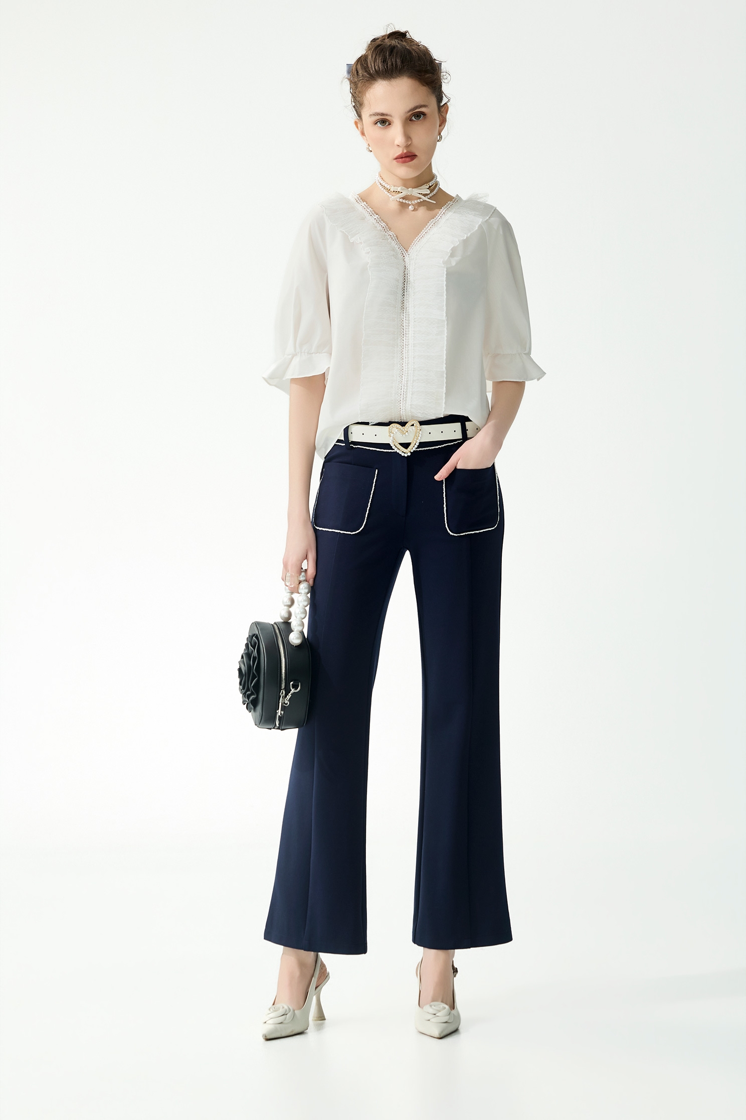 Contrast Trim Detail Patch Pocket PantsContrast Trim Detail Patch Pocket Pants,Bell-bottoms,Season (SS) Look,pearl,pants