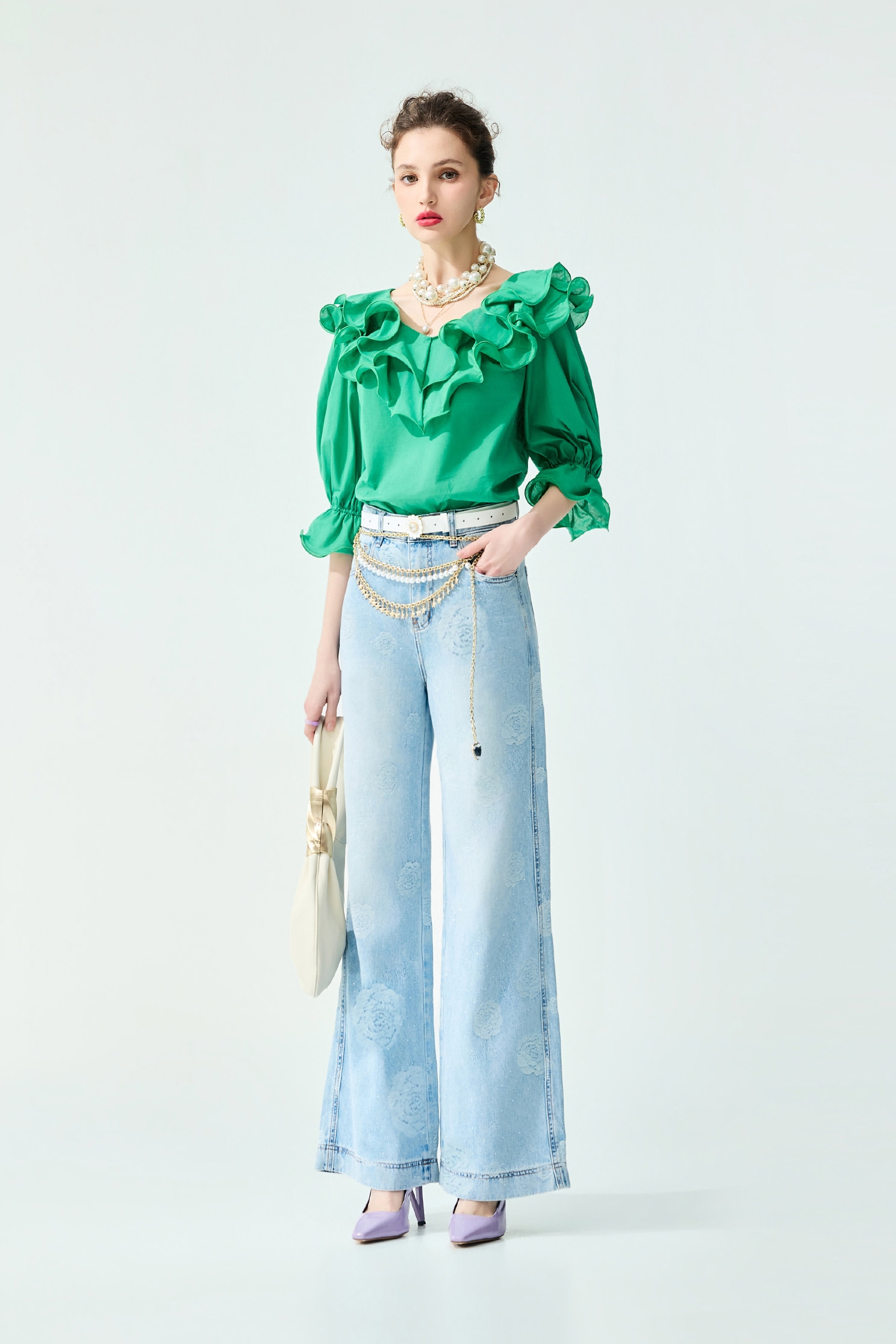 Rose Motif Sequin Wide Leg Jeans,Season (SS) Look,Denim,Jeans,pearl,pants