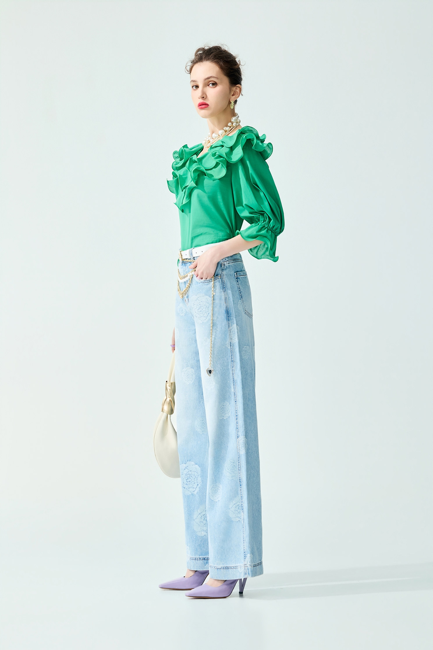Rose Motif Sequin Wide Leg Jeans,Season (SS) Look,Denim,Jeans,pearl,pants