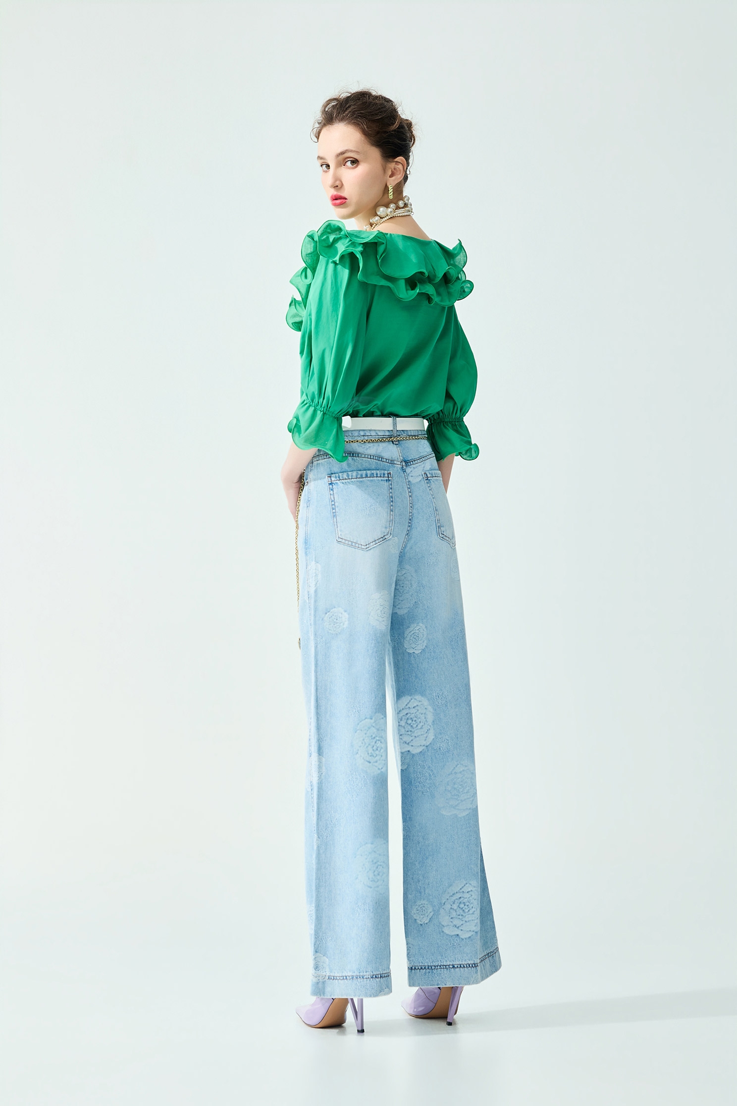 Rose Motif Sequin Wide Leg Jeans,Season (SS) Look,Denim,Jeans,pearl,pants