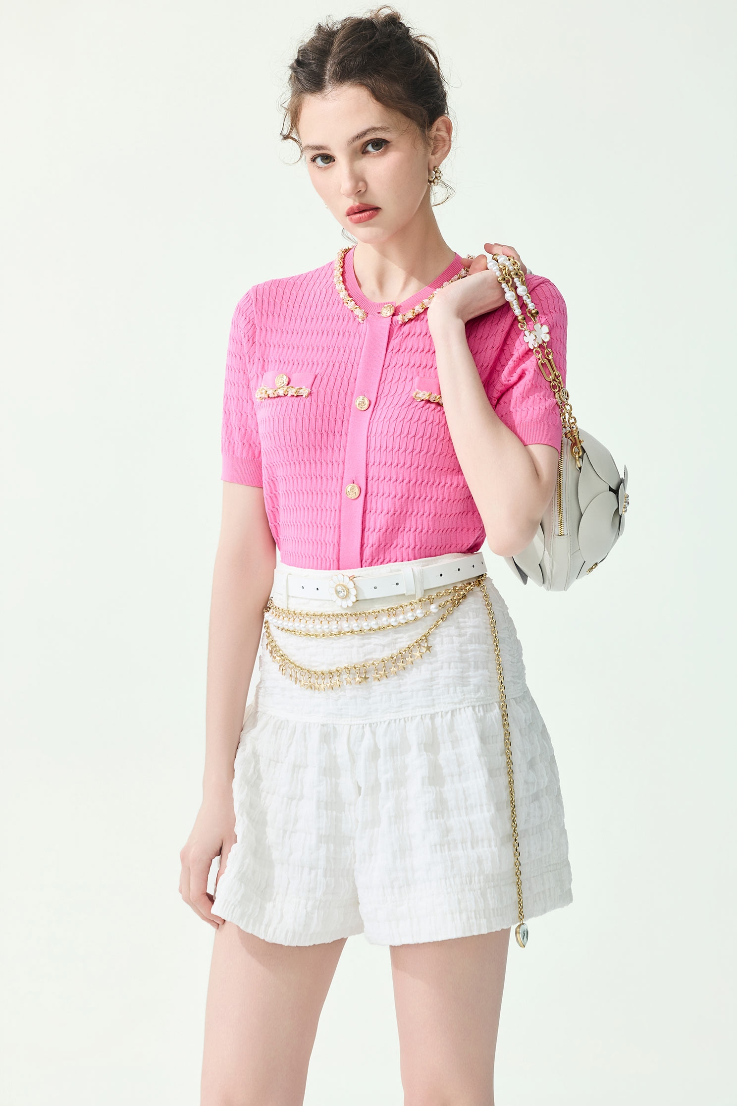 White Textured A-line ShortsWhite Textured A-line Shorts,Season (SS) Look,Plaid,White pants,Shorts,pants