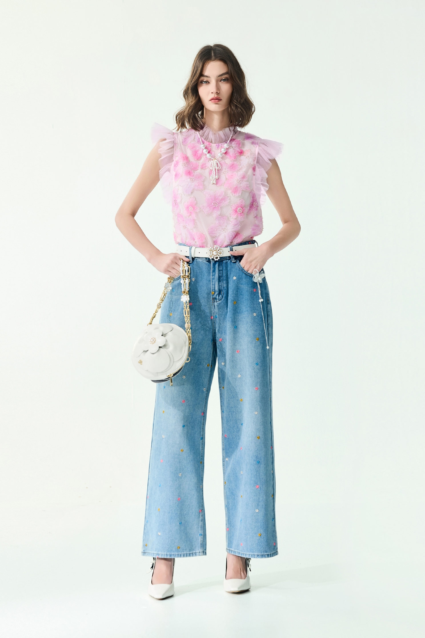 Multi Colour Floral Embroidery Wide Leg JeansMulti Colour Floral Embroidery Wide Leg Jeans,Embroidered,Season (SS) Look,Denim,Jeans,pearl,pants