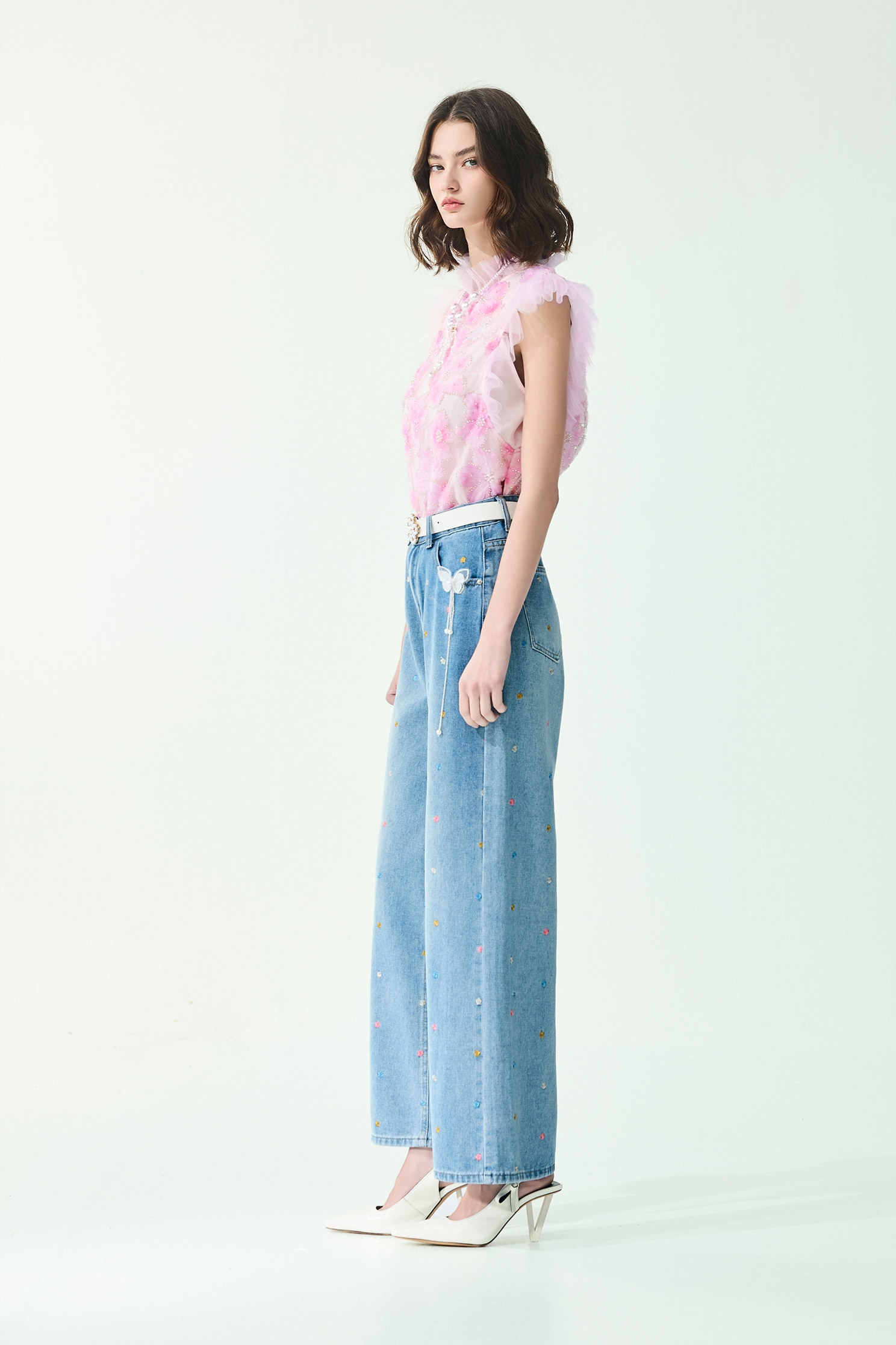 Multi Colour Floral Embroidery Wide Leg JeansMulti Colour Floral Embroidery Wide Leg Jeans,Embroidered,Season (SS) Look,Denim,Jeans,pearl,pants