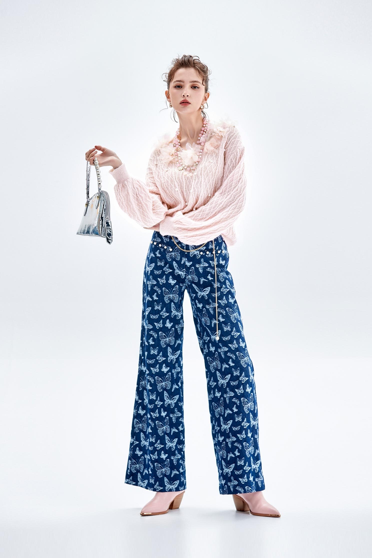 Butterfly Print Wide Leg JeansButterfly Print Wide Leg Jeans,Culottes,Denim,Jeans,Denim pants,Season (AW) Look,Belts,Wide-leg jeans