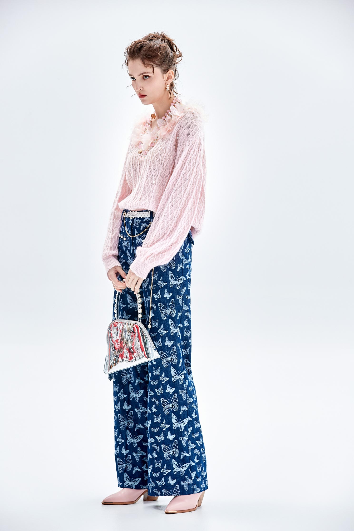 Butterfly Print Wide Leg JeansButterfly Print Wide Leg Jeans,Culottes,Denim,Jeans,Denim pants,Season (AW) Look,Belts,Wide-leg jeans