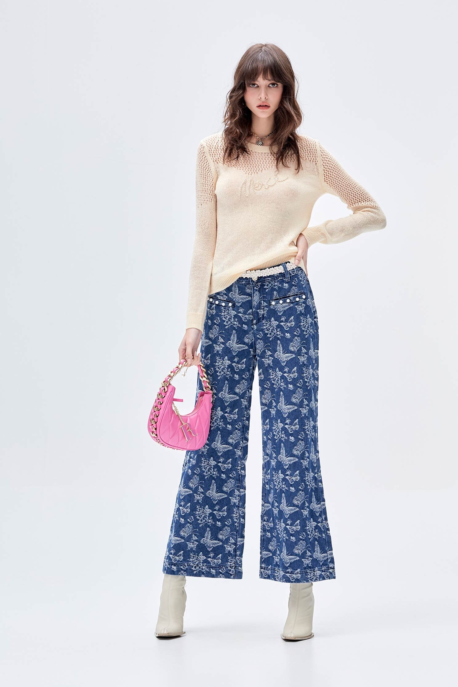 Butterfly Print Wide Leg JeansButterfly Print Wide Leg Jeans,Culottes,Denim,Jeans,Denim pants,Season (AW) Look,Belts,Wide-leg jeans