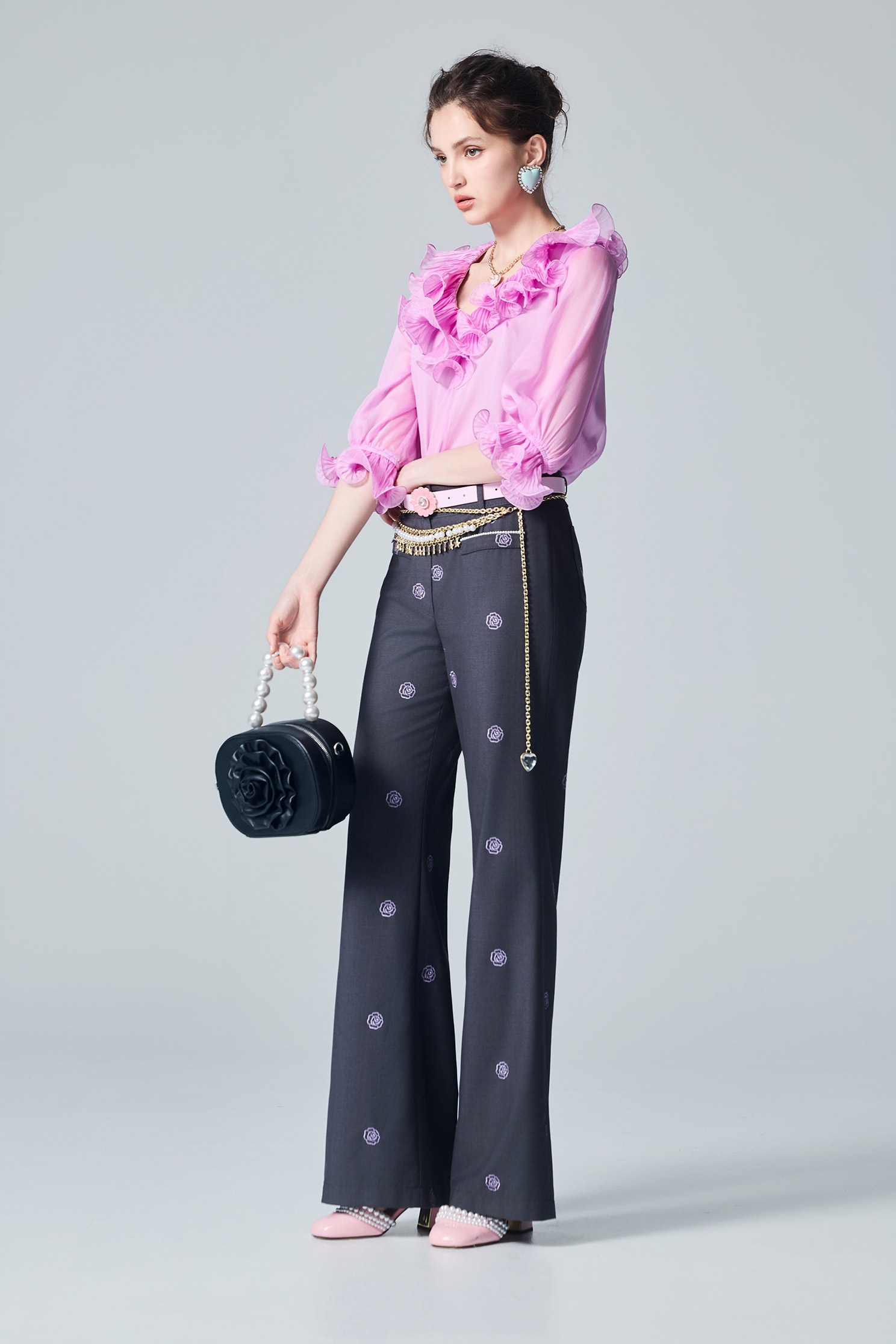 Embroidery Rose Wide Leg PantsEmbroidery Rose Wide Leg Pants,Embroidered,Culottes,Season (AW) Look,pants