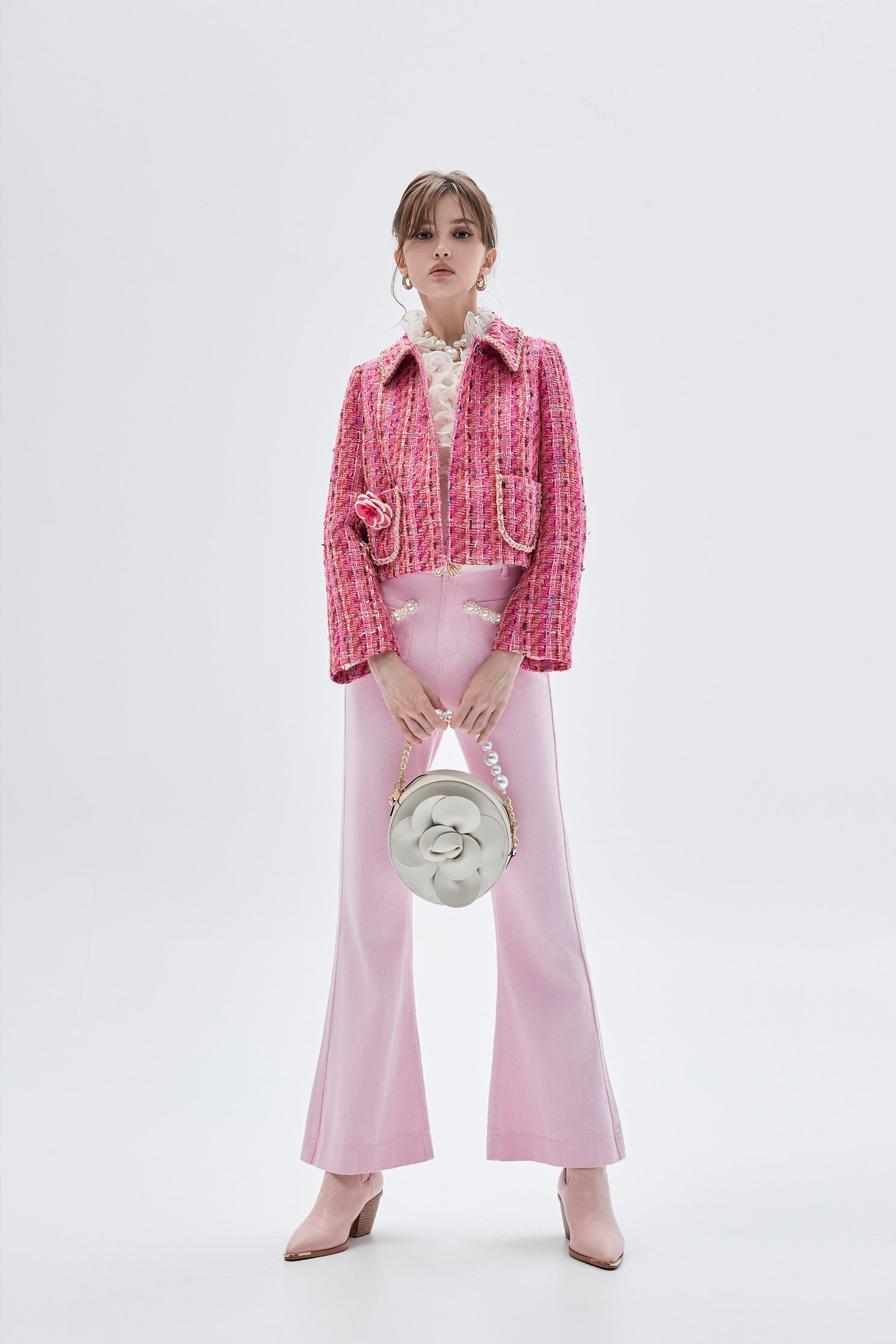 Pink Boot Leg Jeans With Pearl DetailPink Boot Leg Jeans With Pearl Detail,Bell-bottoms,Season (SS) Look,Denim,Jeans,Denim pants,pearl,Cotton,Bell-bottoms