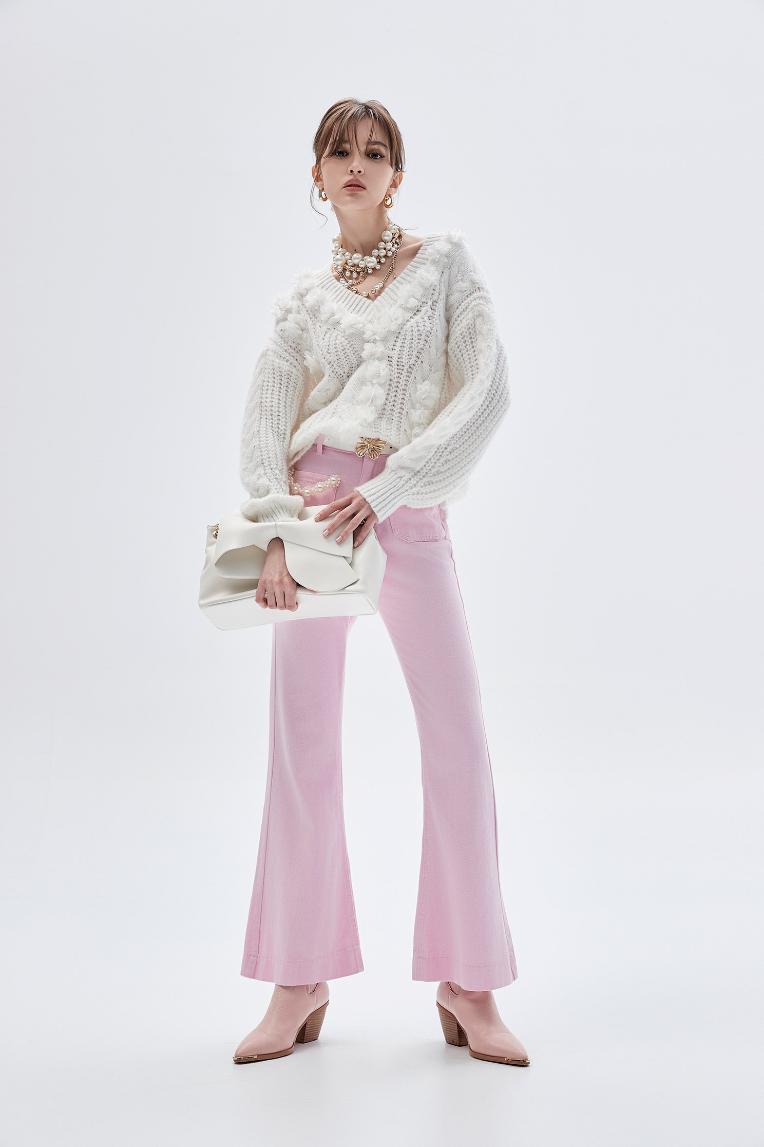 Pink Boot Leg Jeans With Pearl DetailPink Boot Leg Jeans With Pearl Detail,Bell-bottoms,Season (SS) Look,Denim,Jeans,Denim pants,pearl,Cotton,Bell-bottoms