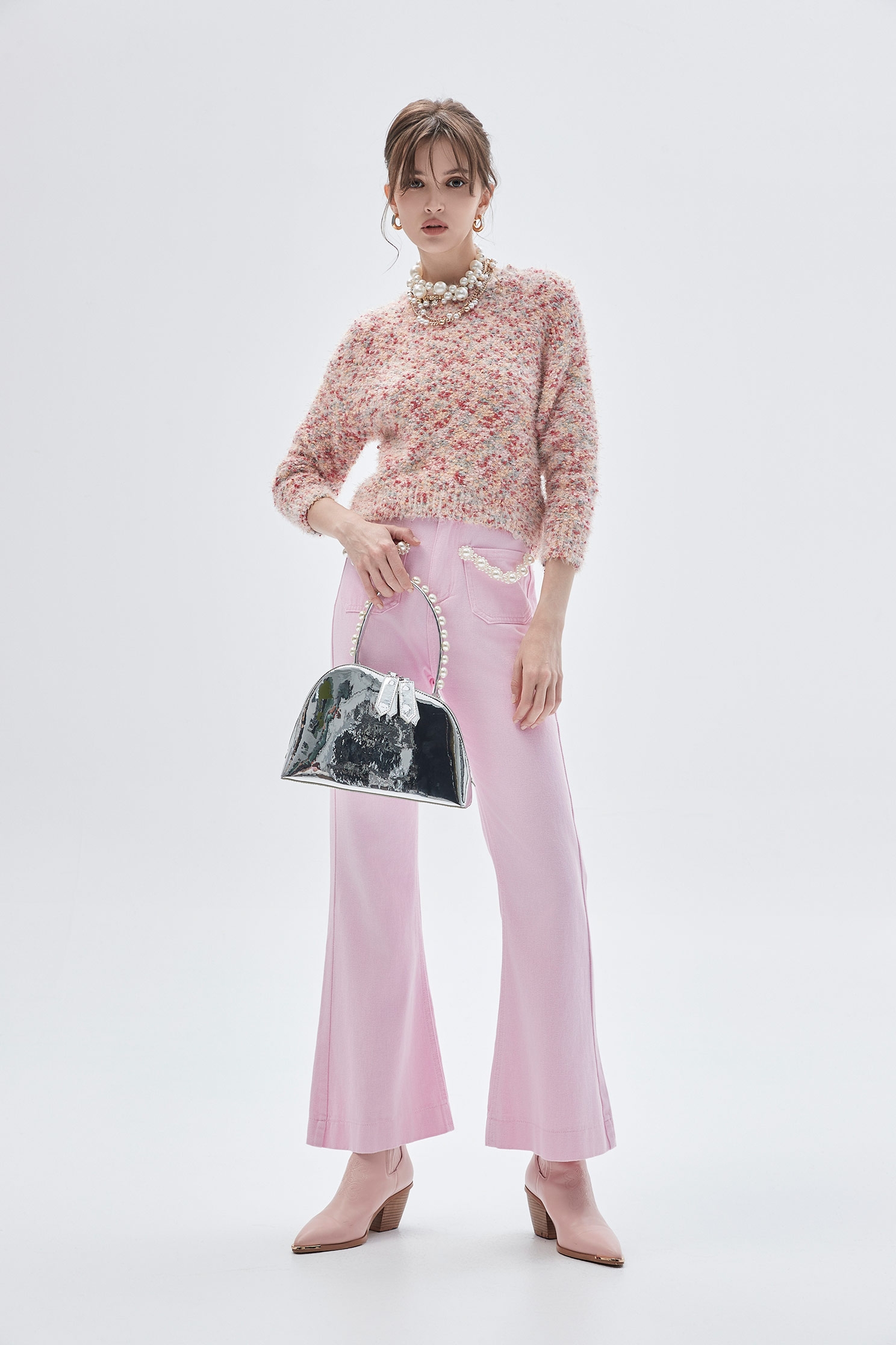 Pink Boot Leg Jeans With Pearl DetailPink Boot Leg Jeans With Pearl Detail,Bell-bottoms,Season (SS) Look,Denim,Jeans,Denim pants,pearl,Cotton,Bell-bottoms