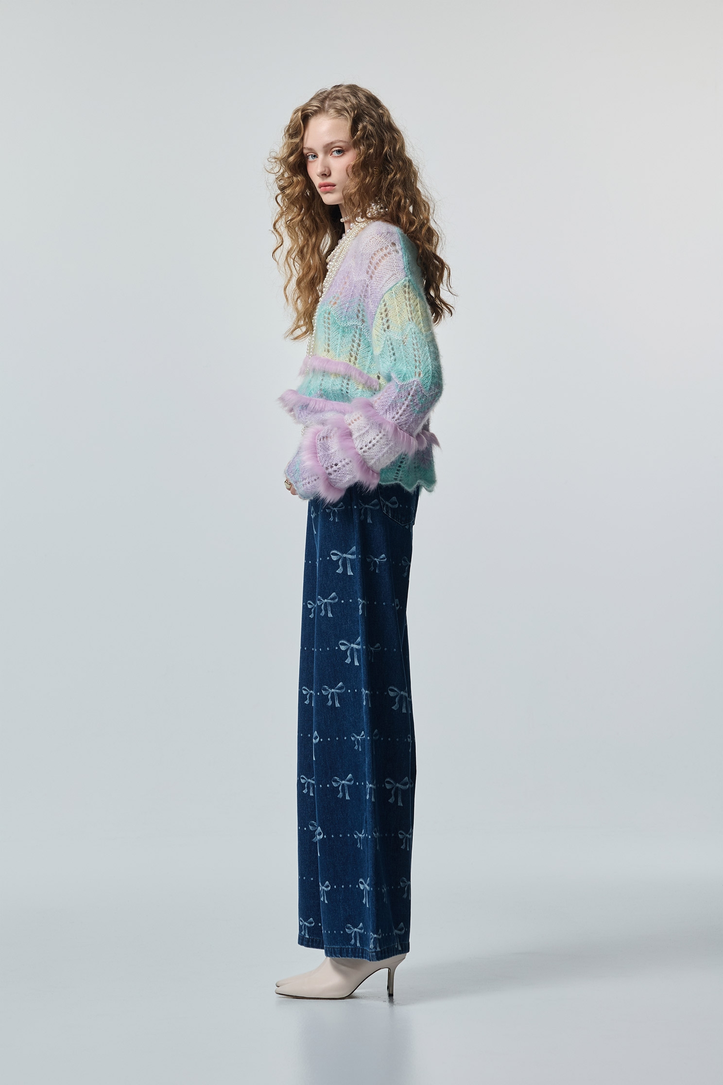 Bow Motif Wide Leg JeansBow Motif Wide Leg Jeans,Culottes,Denim,Jeans,pearl,Season (AW) Look,Valentine,bows,Wide-leg jeans