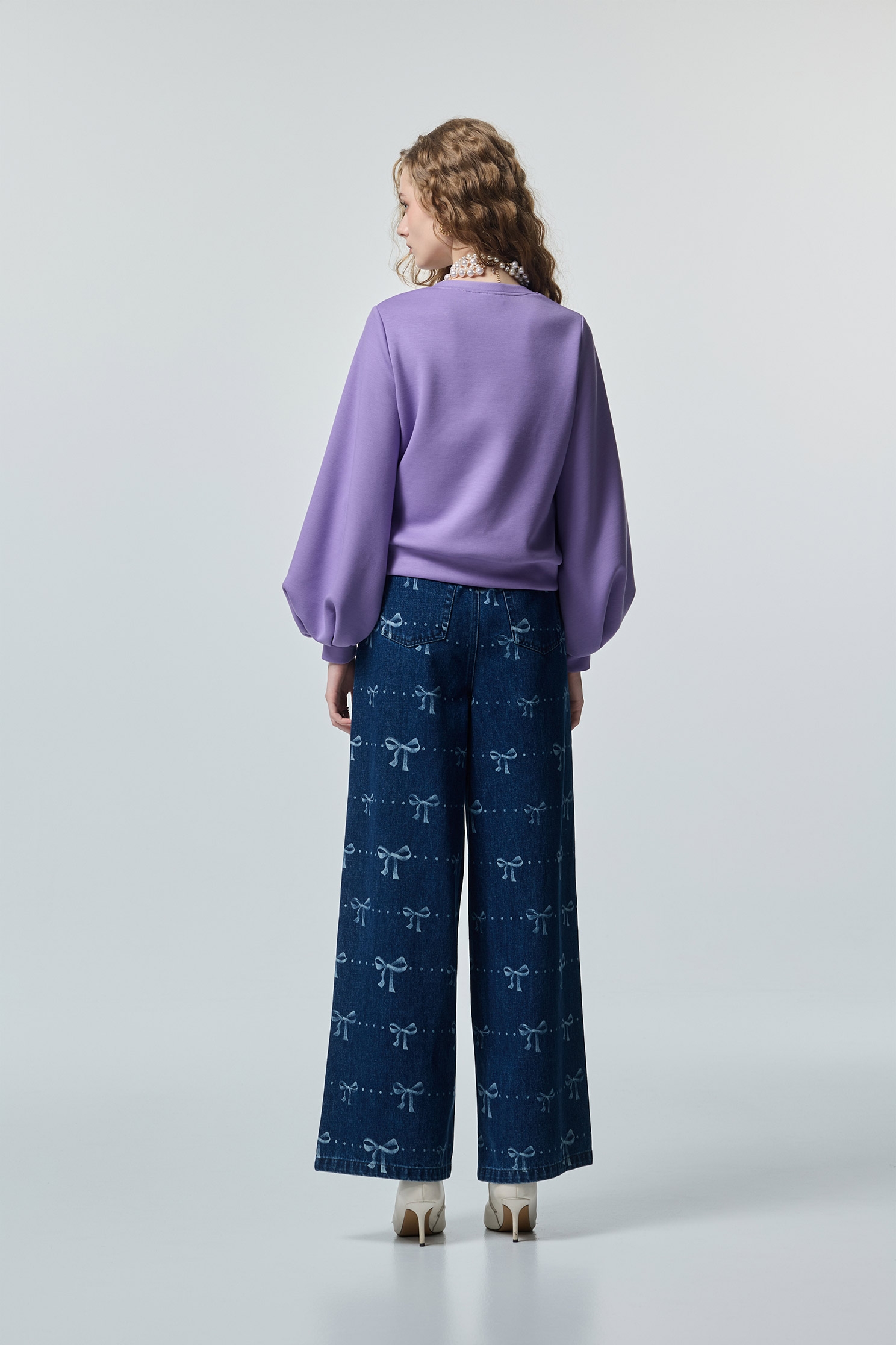 Bow Motif Wide Leg JeansBow Motif Wide Leg Jeans,Culottes,Denim,Jeans,pearl,Season (AW) Look,Valentine,bows,Wide-leg jeans