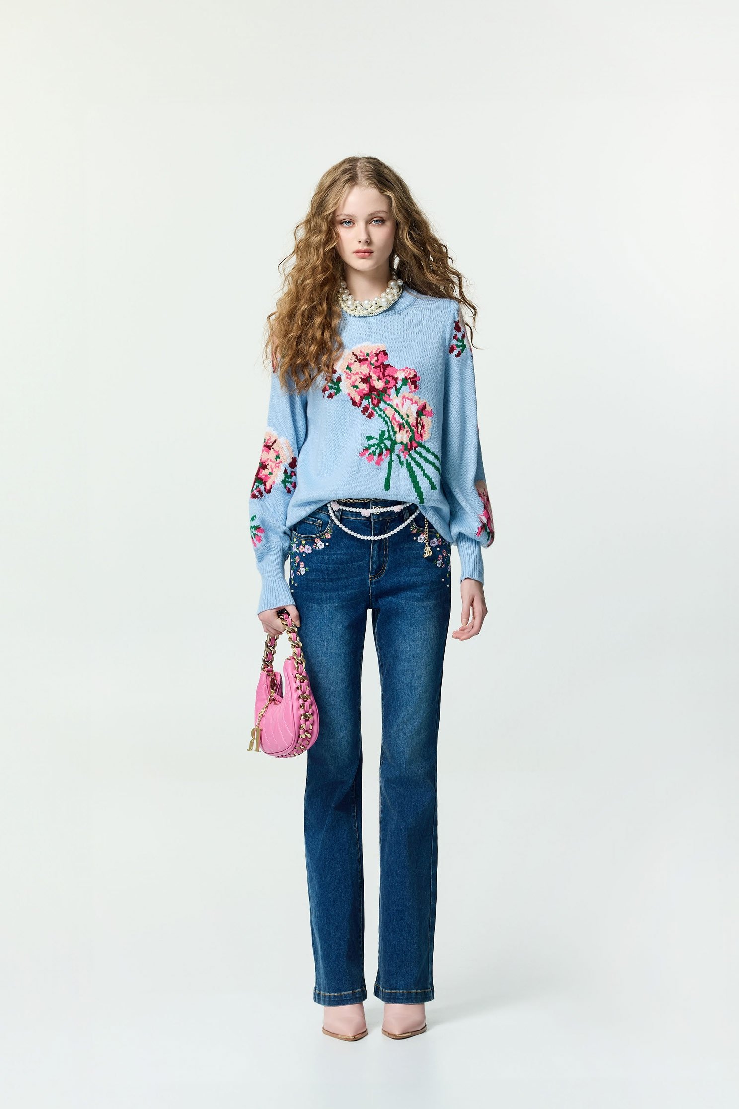 Floral Embroidery Boot Leg JeansFloral Embroidery Boot Leg Jeans,Embroidered,Bell-bottoms,Denim,Jeans,pearl,Season (AW) Look,pants