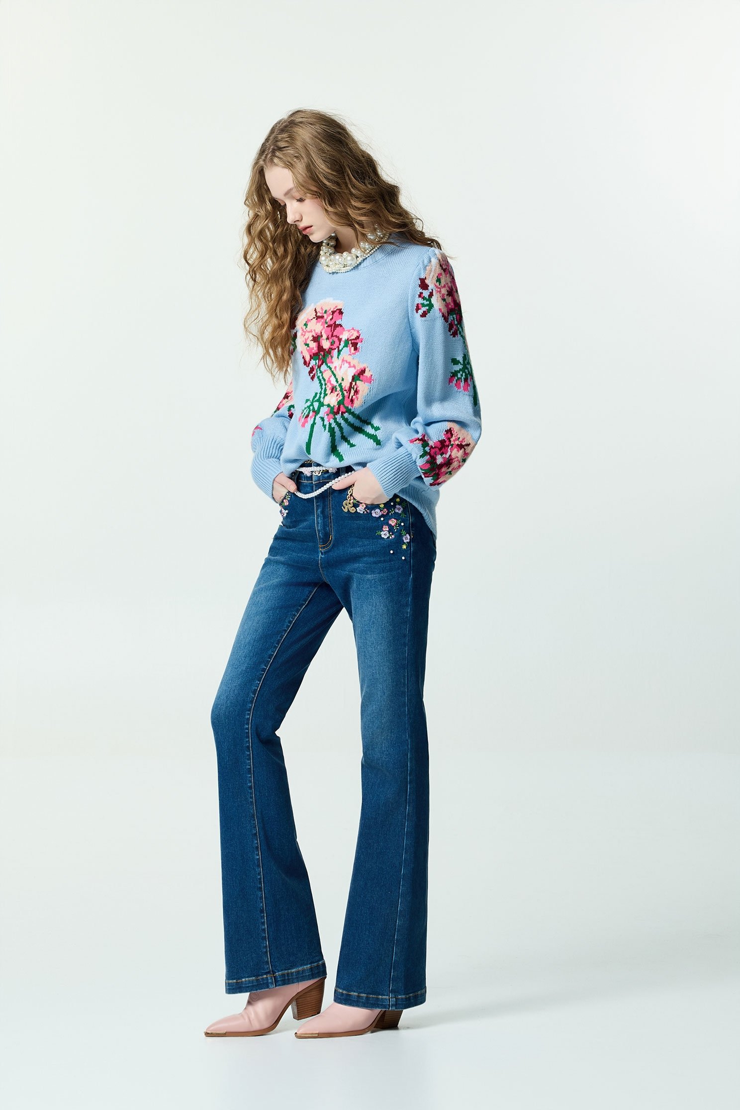 Floral Embroidery Boot Leg JeansFloral Embroidery Boot Leg Jeans,Embroidered,Bell-bottoms,Denim,Jeans,pearl,Season (AW) Look,pants