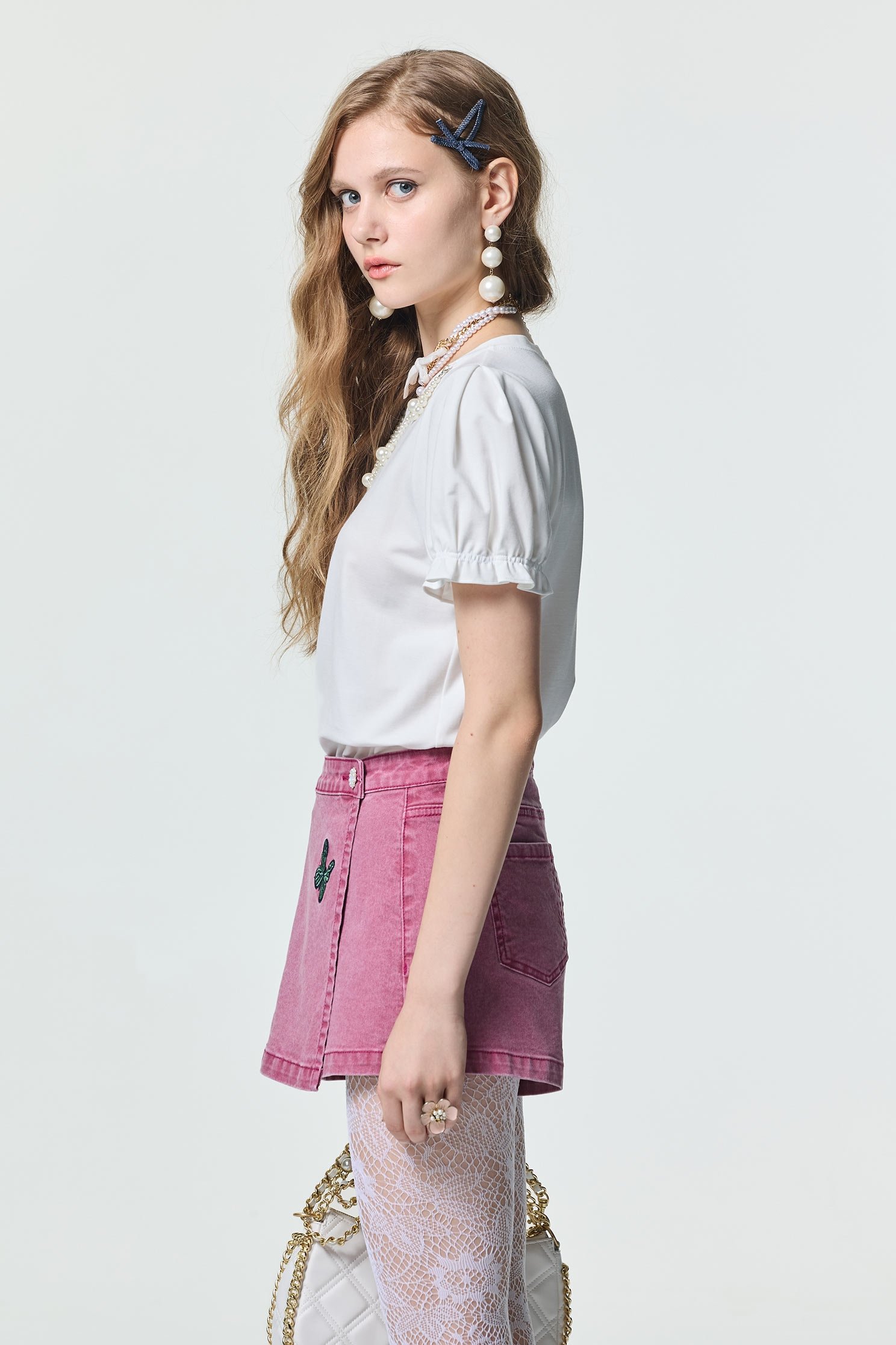 Pink Denim Butterfly Motif SkortsPink Denim Butterfly Motif Skorts,Embroidered,Denim,Denim skirts,Jeans,pearl,Season (AW) Look,Cotton,pants