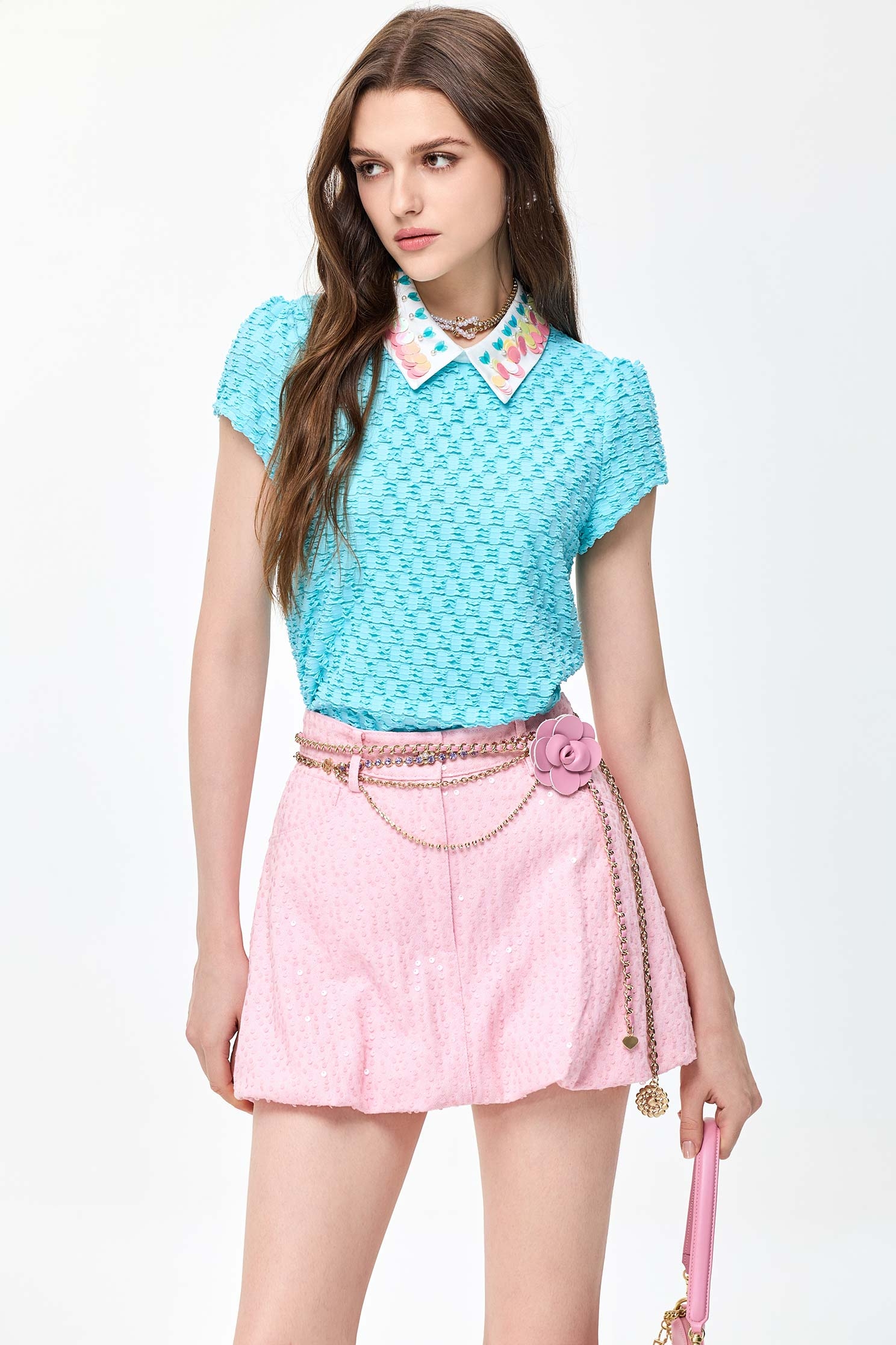 Pink Sequin Demin Bubble ShortsPink Sequin Demin Bubble Shorts,Season (SS) Look,Denim,Mini skirts,Shorts