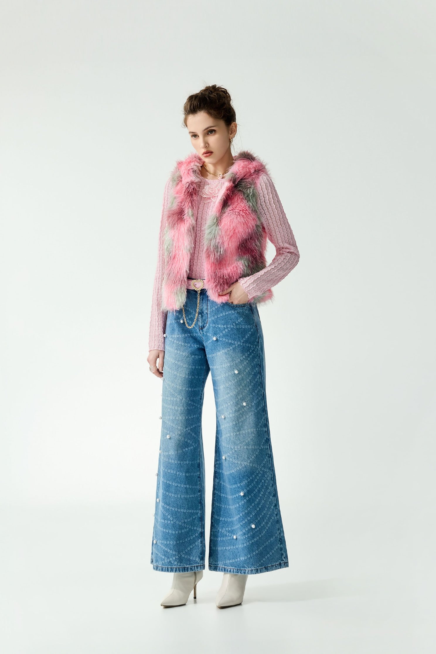 Pearl Graphic Print Straight Cut JeansPearl Graphic Print Straight Cut Jeans,Culottes,Season (SS) Look,Denim,Jeans,pearl,pants,Necklaces