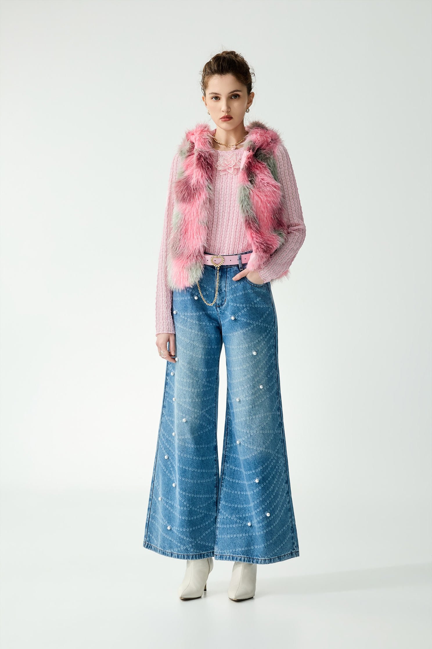 Pearl Graphic Print Straight Cut JeansPearl Graphic Print Straight Cut Jeans,Culottes,Season (SS) Look,Denim,Jeans,pearl,pants,Necklaces