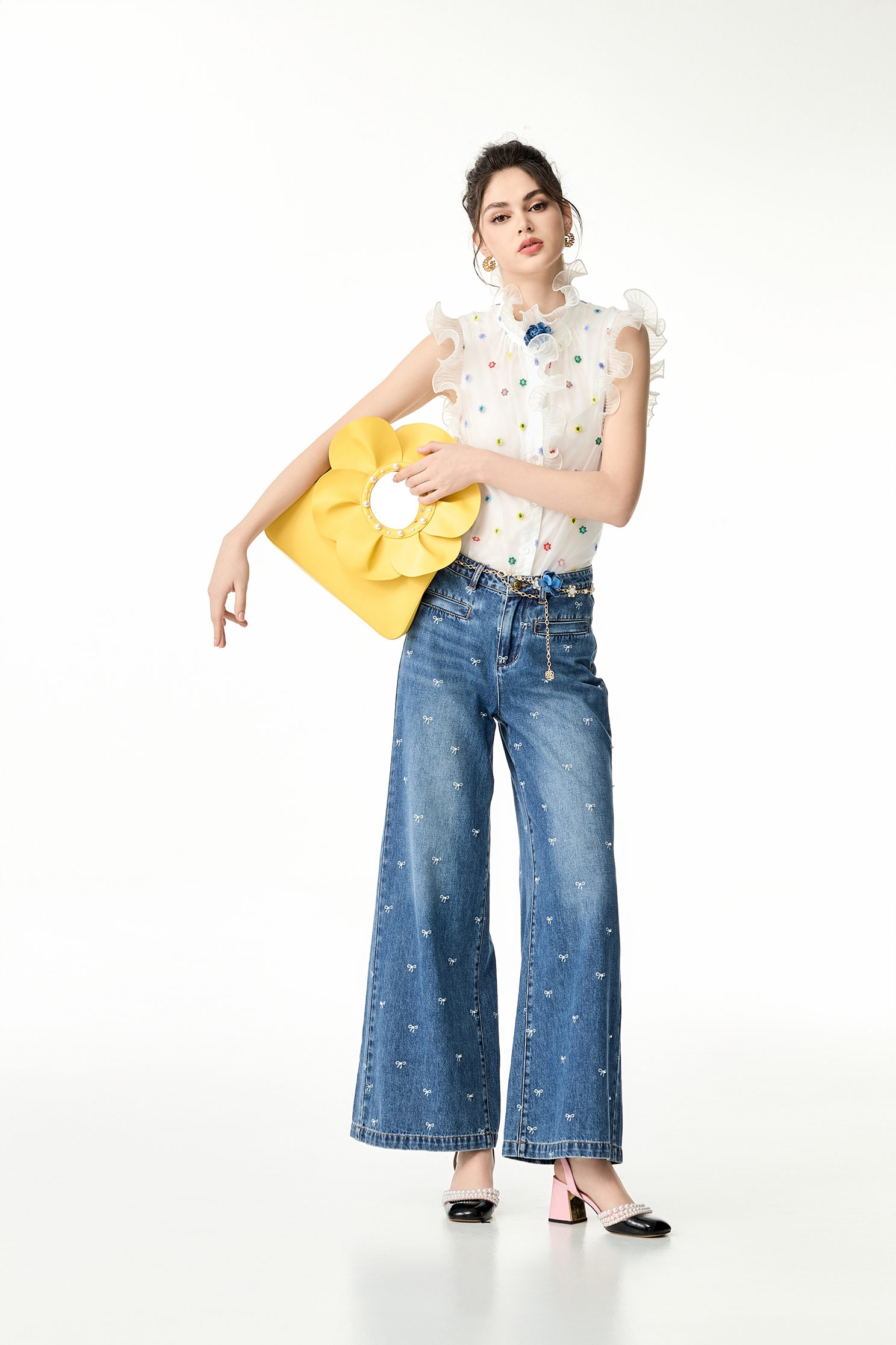 Bow Graphic Wide Leg JeansBow Graphic Wide Leg Jeans,Culottes,Season (SS) Look,Denim,Jeans,pearl,bows,Wide-leg jeans