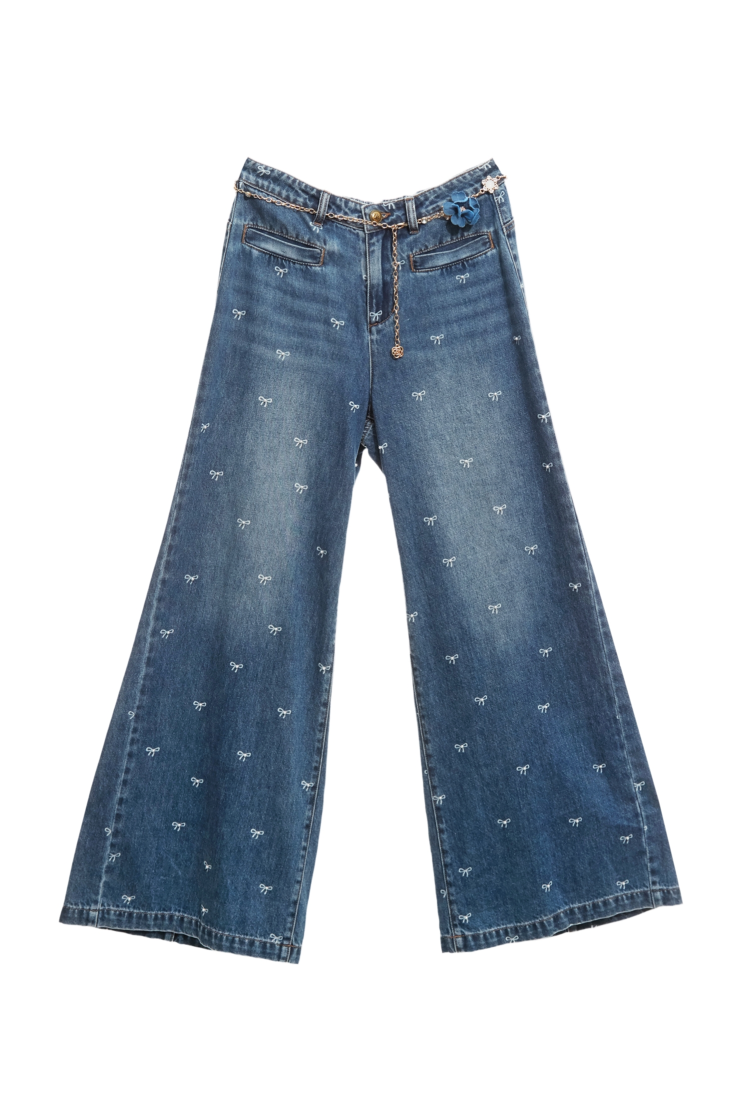 Bow Graphic Wide Leg JeansBow Graphic Wide Leg Jeans,Culottes,Season (SS) Look,Denim,Jeans,pearl,bows,Wide-leg jeans