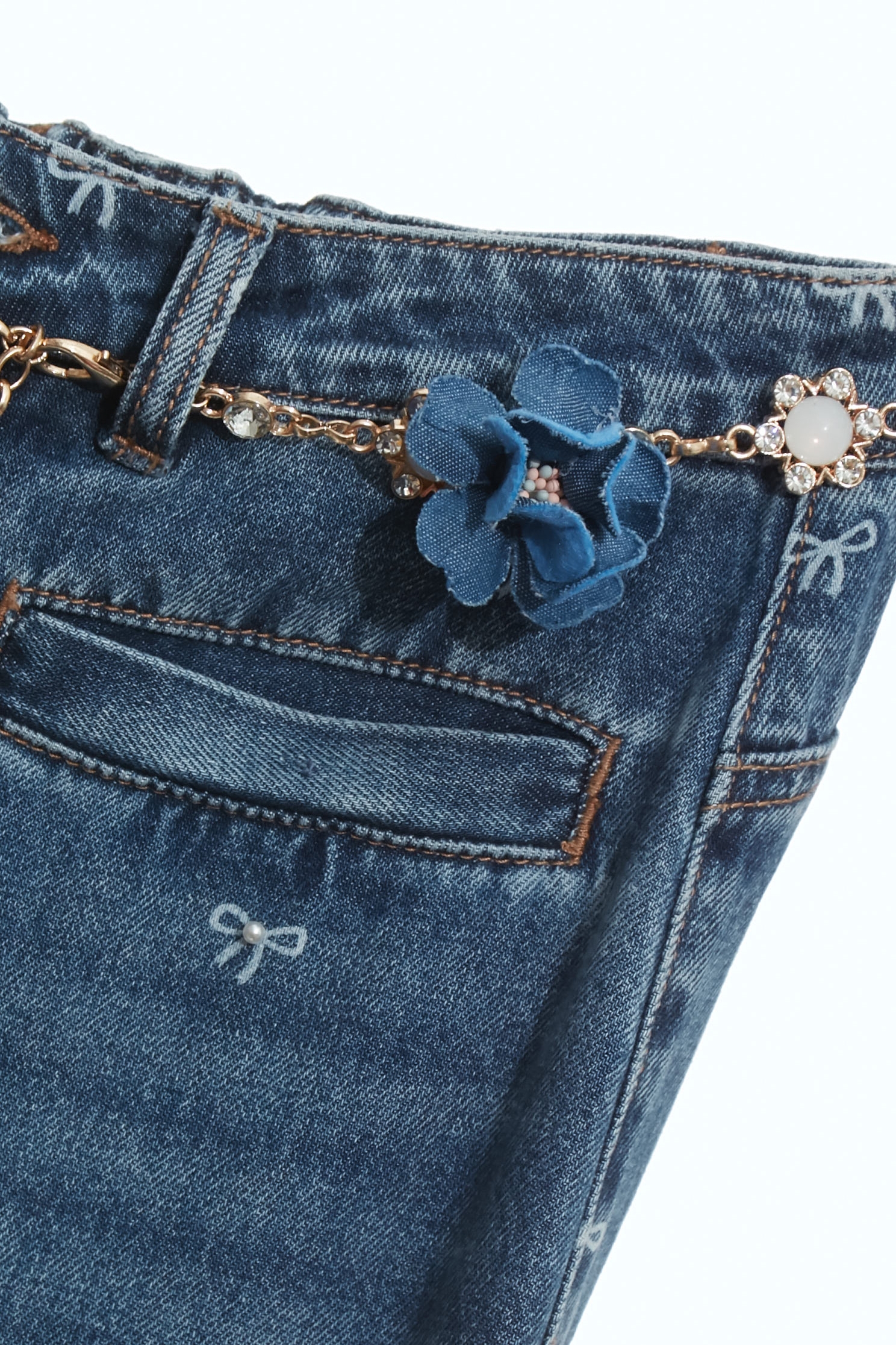 Bow Graphic Wide Leg JeansBow Graphic Wide Leg Jeans,Culottes,Season (SS) Look,Denim,Jeans,pearl,bows,Wide-leg jeans