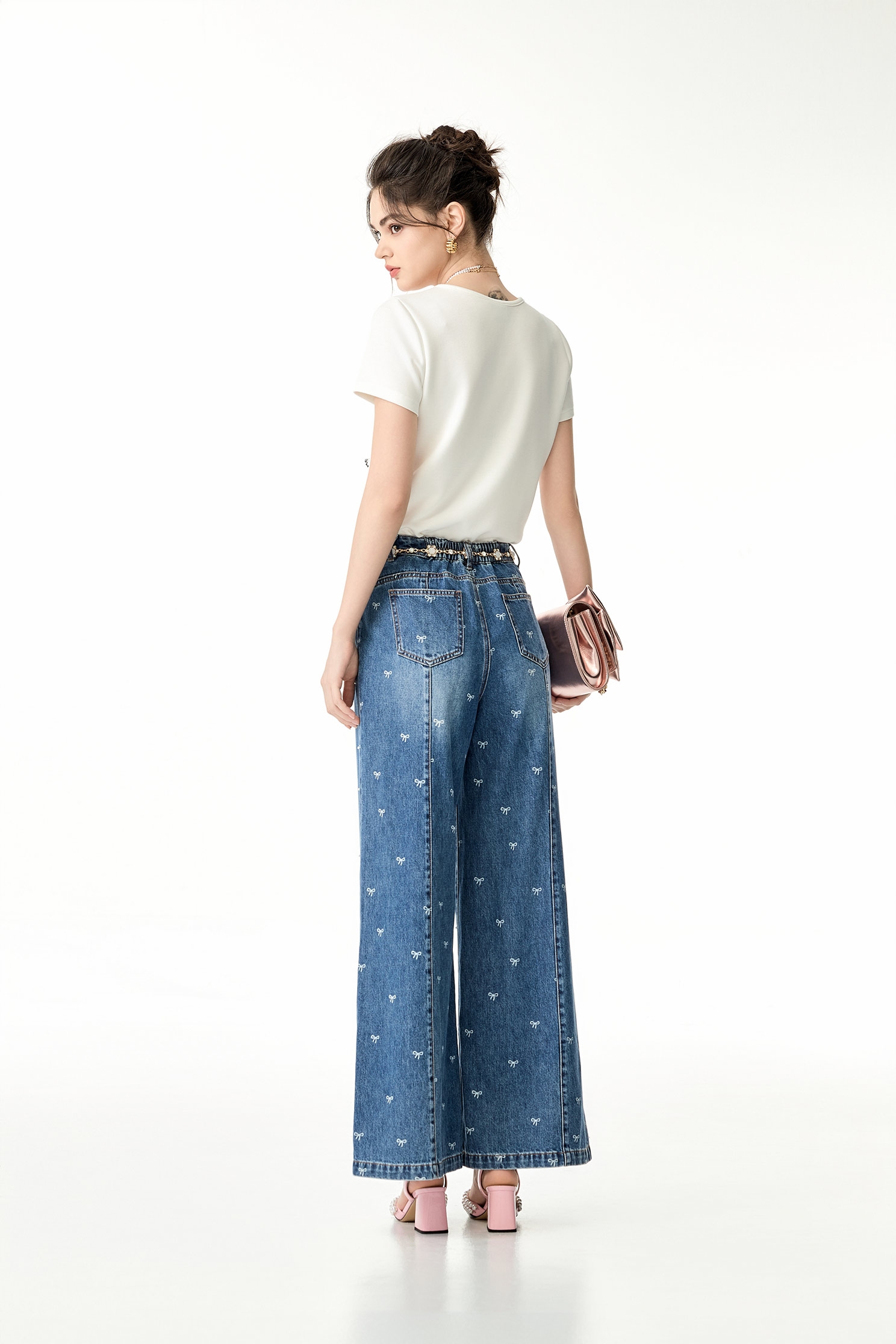 Bow Graphic Wide Leg JeansBow Graphic Wide Leg Jeans,Culottes,Season (SS) Look,Denim,Jeans,pearl,bows,Wide-leg jeans