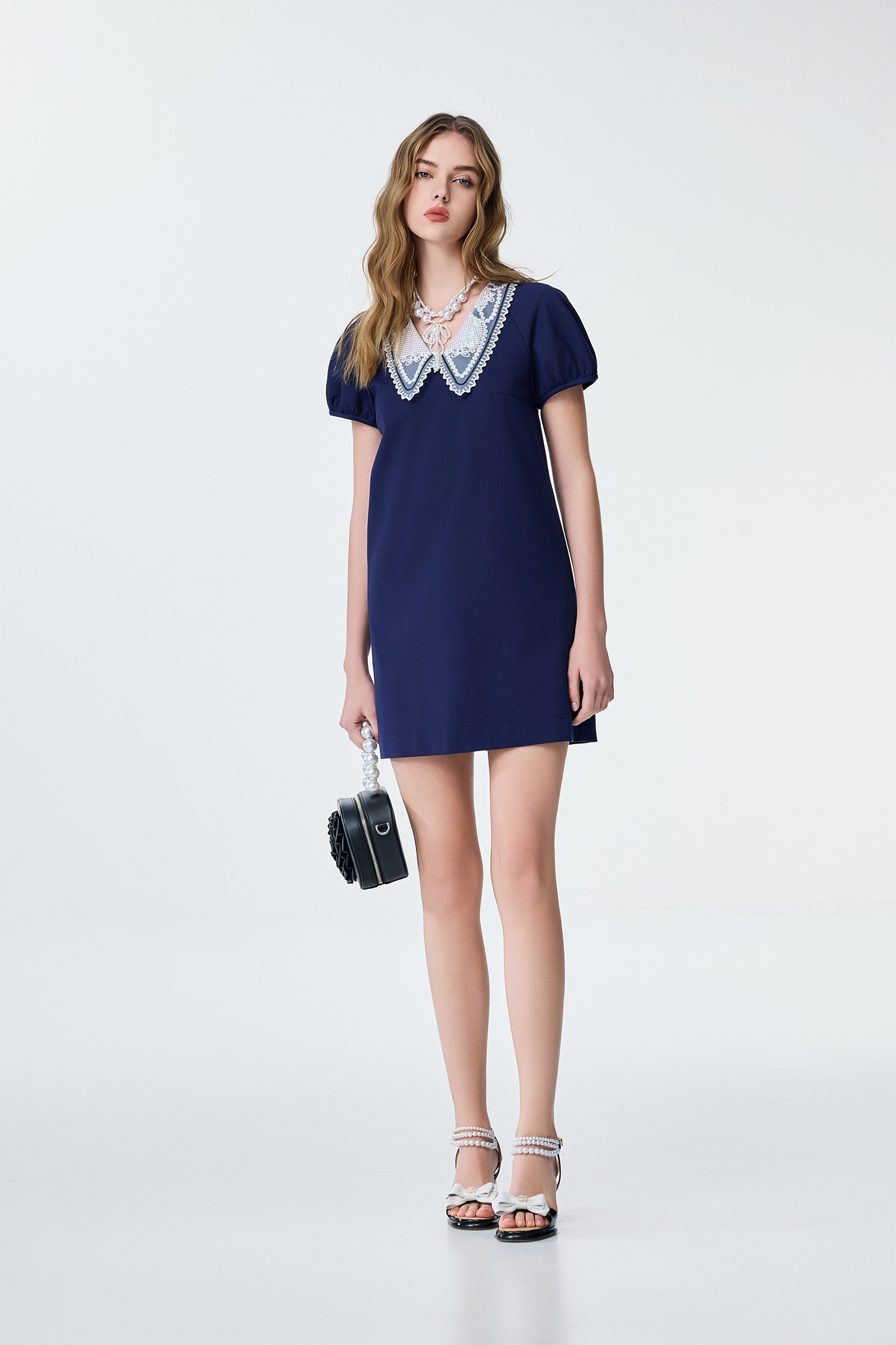 Embroidery Organza Collar Detail Navy Short DressEmbroidery Organza Collar Detail Navy Short Dress,V-neck dresses,Dresses,Embroidered,Season (SS) Look,City Feminine,Knitted
