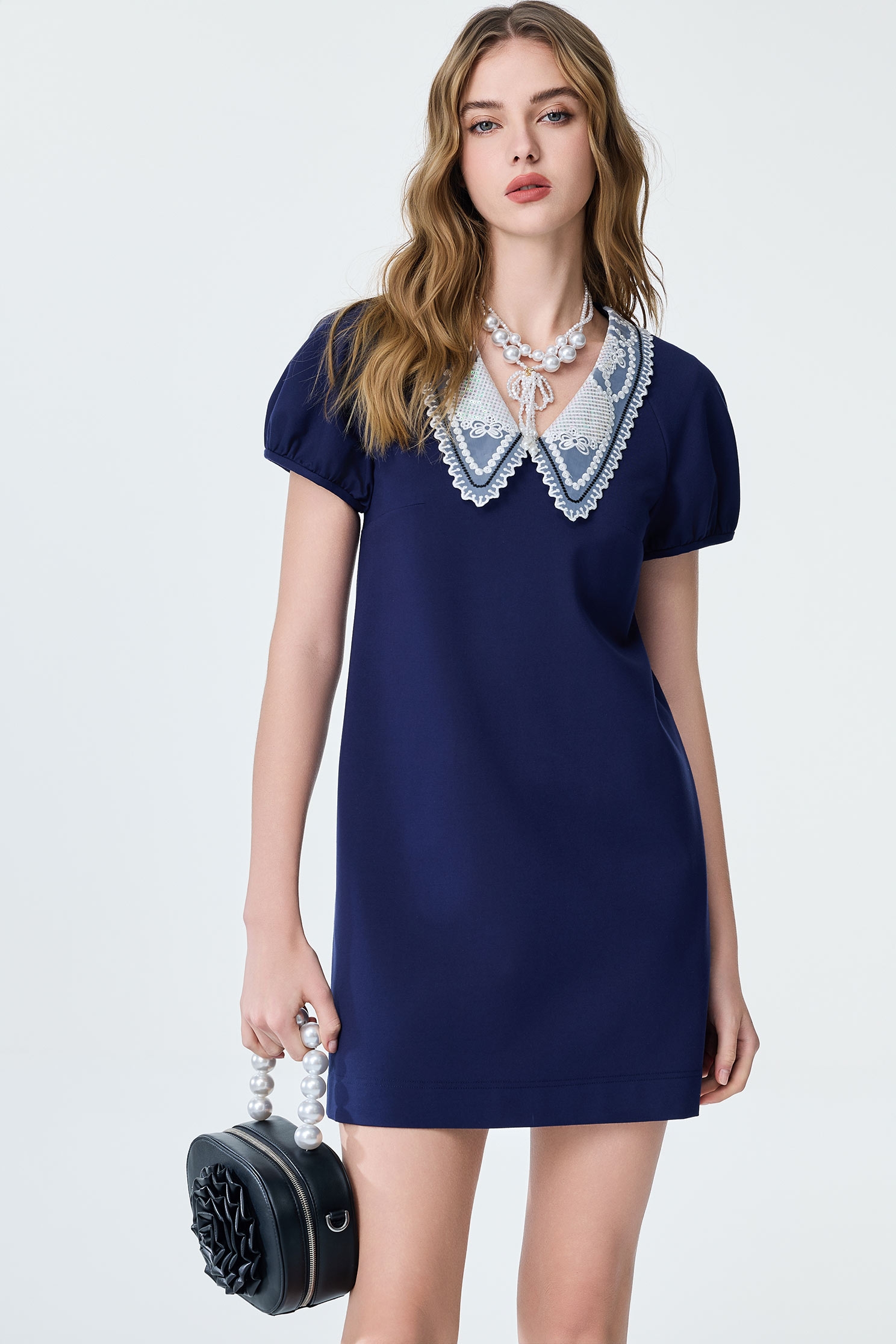 Embroidery Organza Collar Detail Navy Short DressEmbroidery Organza Collar Detail Navy Short Dress,V-neck dresses,Dresses,Embroidered,Season (SS) Look,City Feminine,Knitted