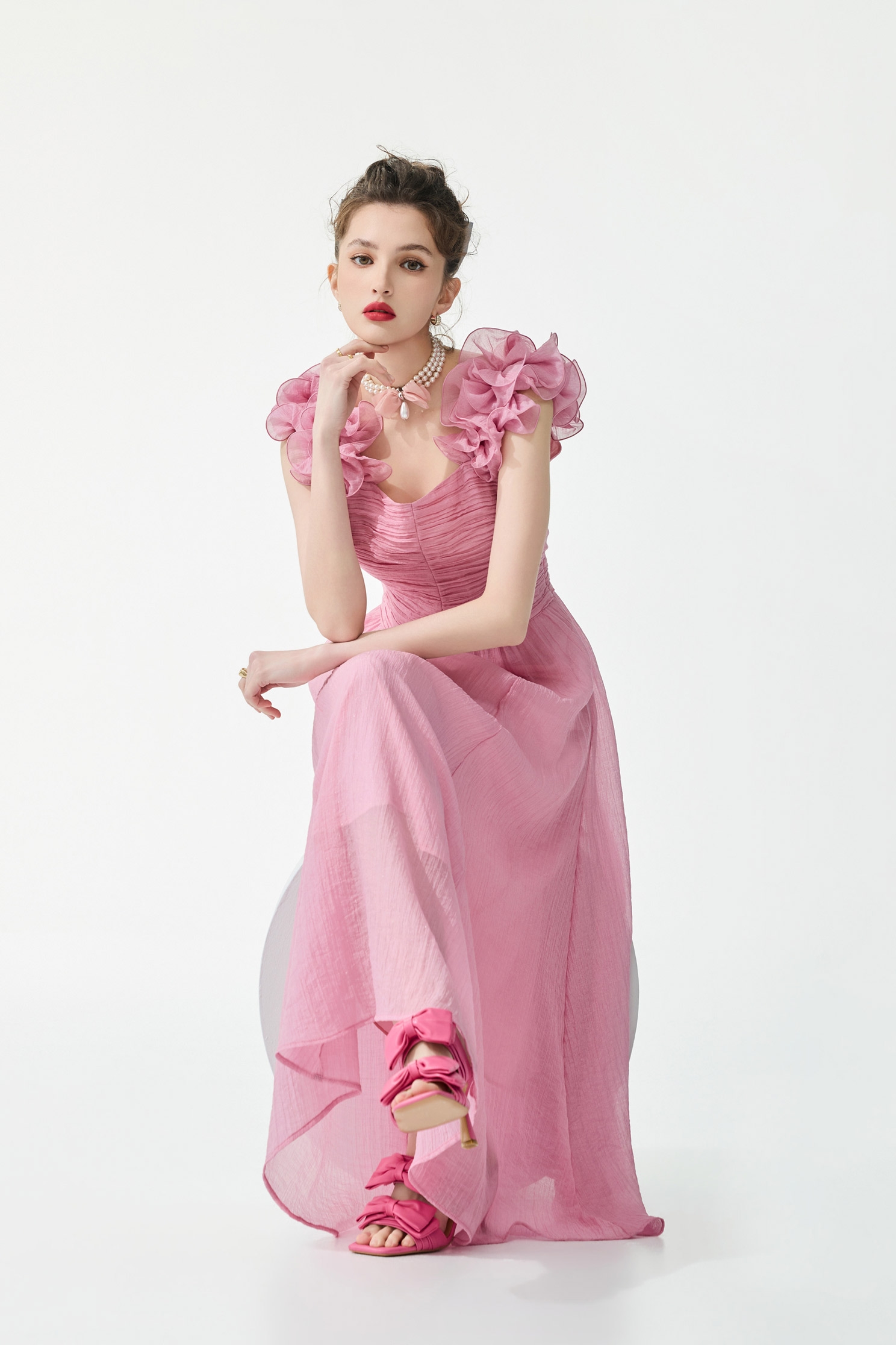 Ruffle Strap Pink Chiffon Dress,Dresses,bestselling,Chiffon dresses,Season (SS) Look,Chiffon,Chiffon dresses