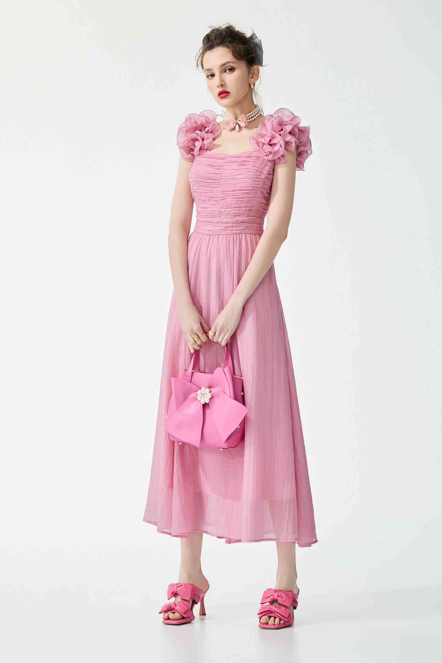 Ruffle Strap Pink Chiffon Dress,Dresses,bestselling,Chiffon dresses,Season (SS) Look,Chiffon,Chiffon dresses