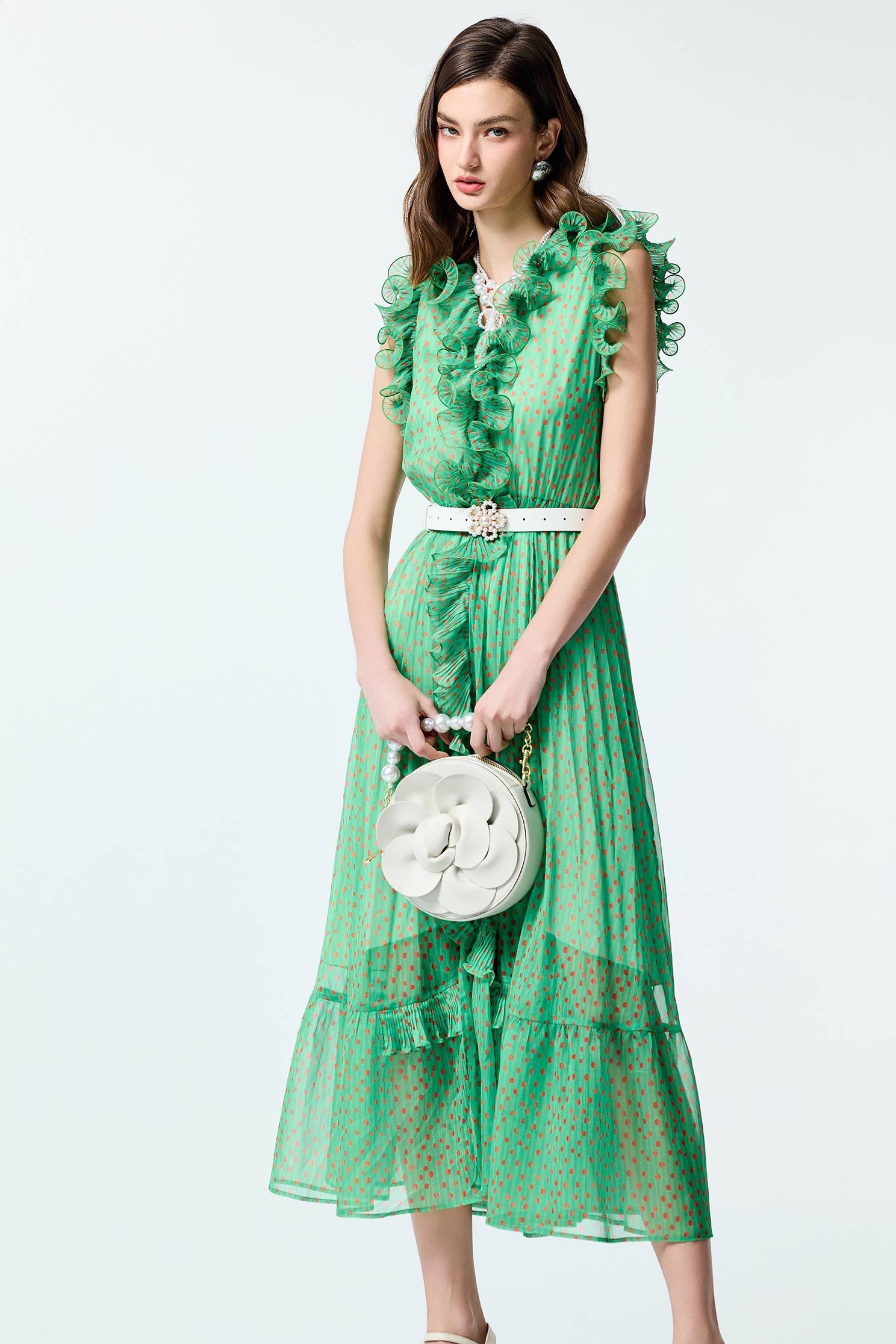 Polka Dot Print Ruffle Detail Chiffon DressPolka Dot Print Ruffle Detail Chiffon Dress,Dresses,Chiffon dresses,Season (SS) Look,City Feminine,Chiffon,Chiffon dresses