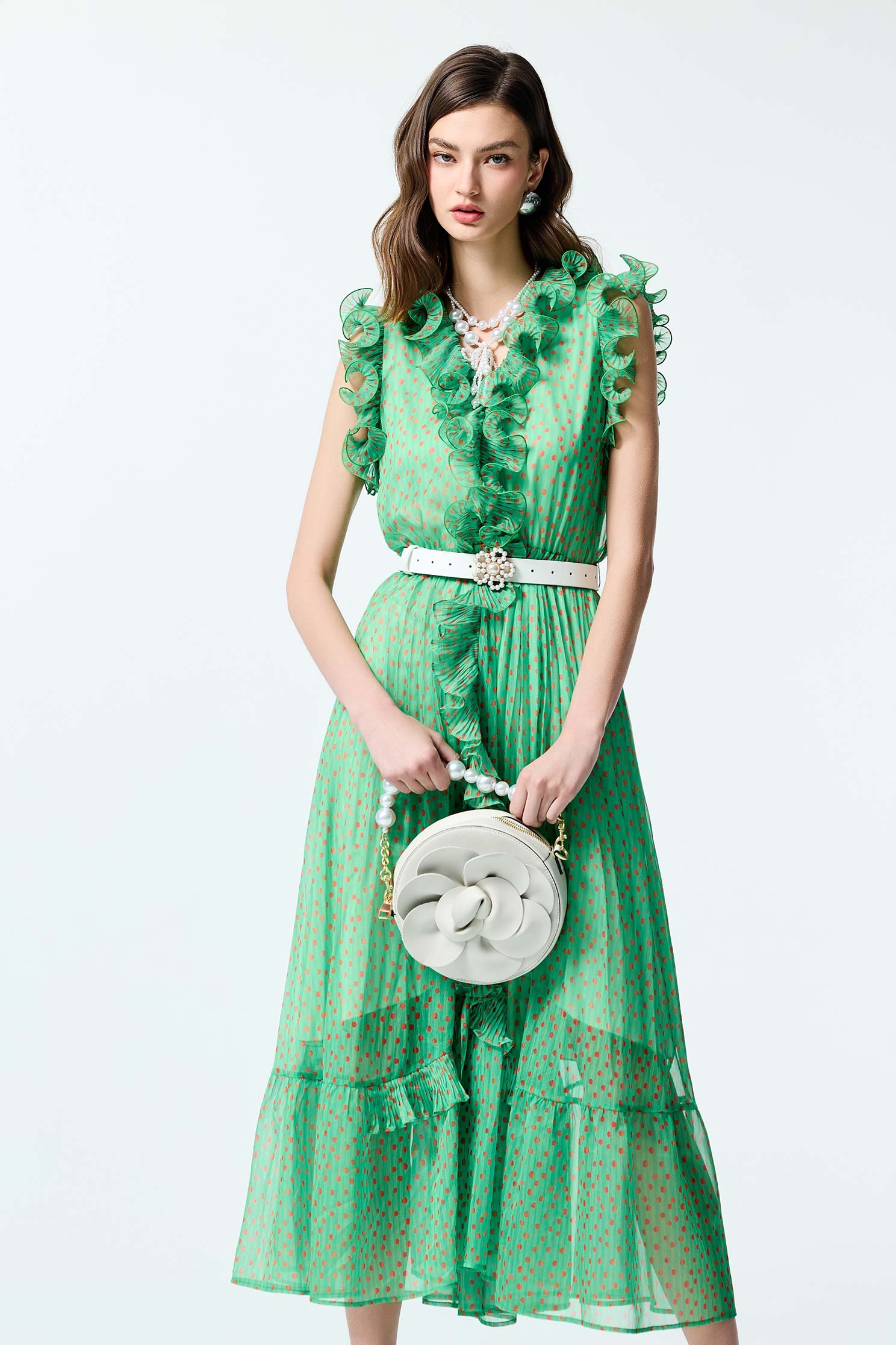 Polka Dot Print Ruffle Detail Chiffon DressPolka Dot Print Ruffle Detail Chiffon Dress,Dresses,Chiffon dresses,Season (SS) Look,City Feminine,Chiffon,Chiffon dresses