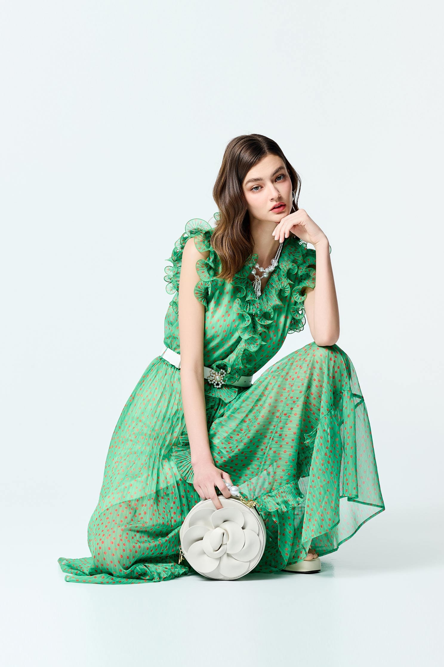 Polka Dot Print Ruffle Detail Chiffon DressPolka Dot Print Ruffle Detail Chiffon Dress,Dresses,Chiffon dresses,Season (SS) Look,City Feminine,Chiffon,Chiffon dresses