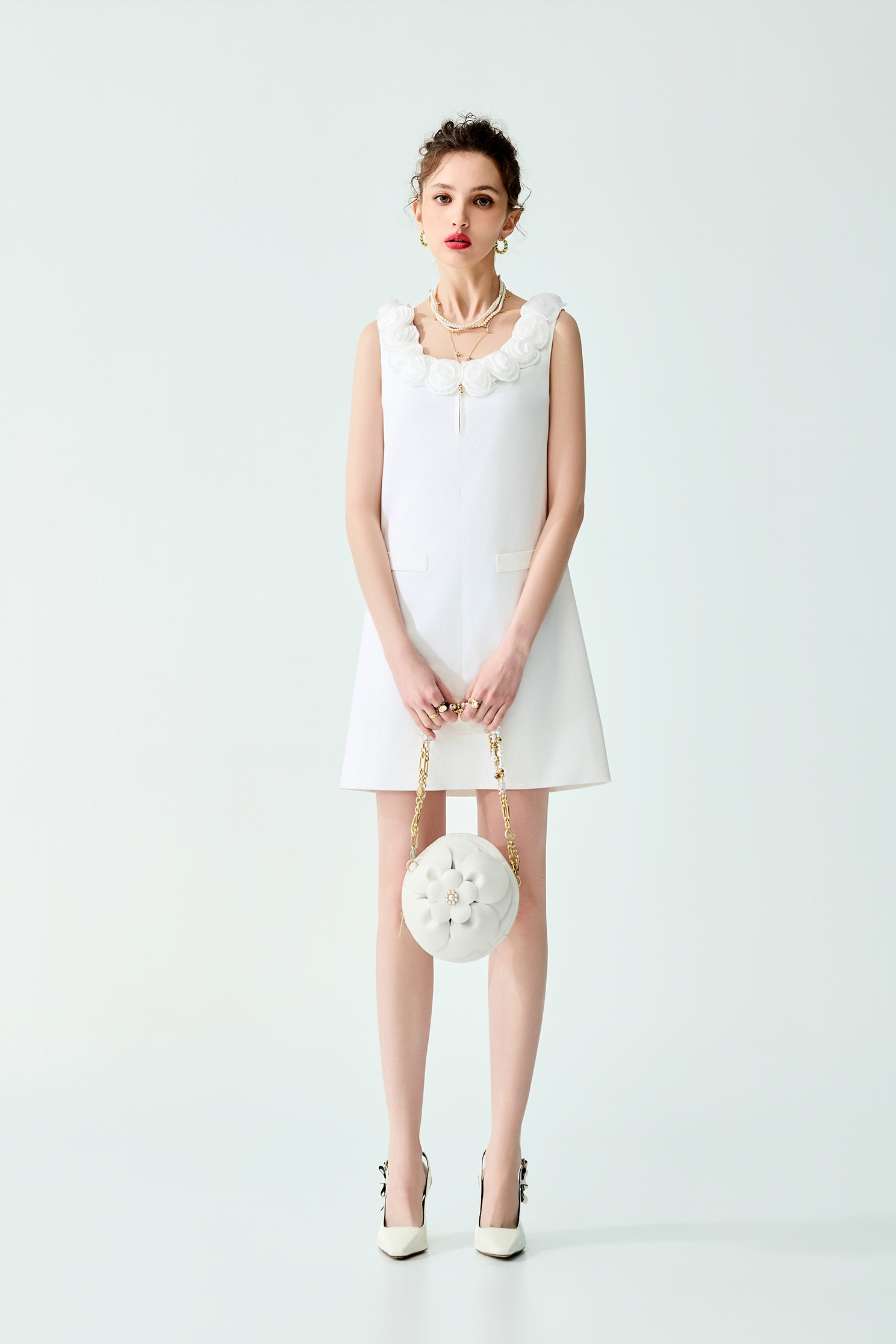 3-D Floral Detail Sleeveless Dress,Dresses,Season (SS) Look,White dresses