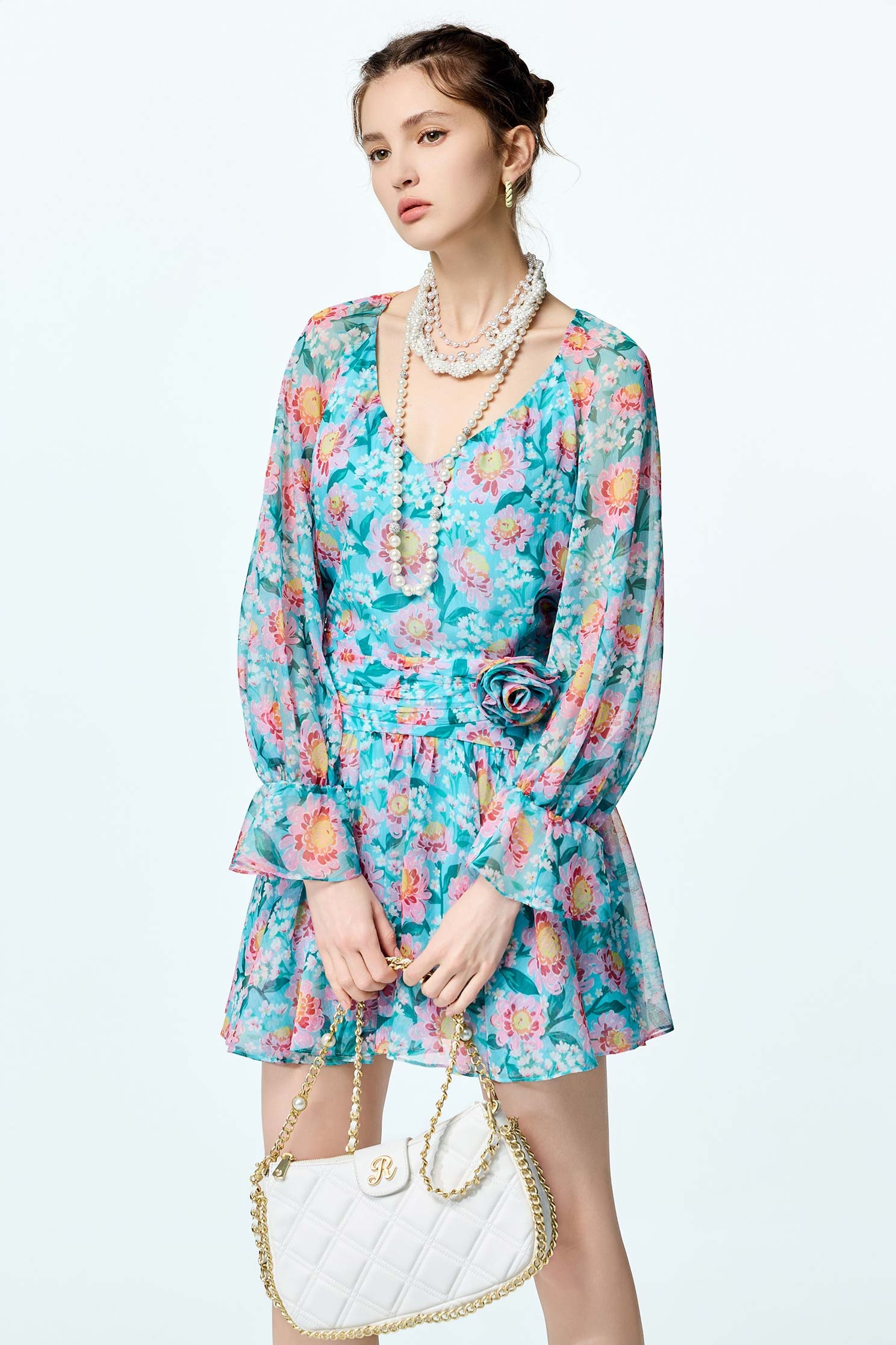 Floral Print Long Sleeve Short DressFloral Print Long Sleeve Short Dress,V-neck dresses,Embroidered,Printed dresses,Chiffon dresses,Season (AW) Look,blossoms,Chiffon,Chiffon dresses