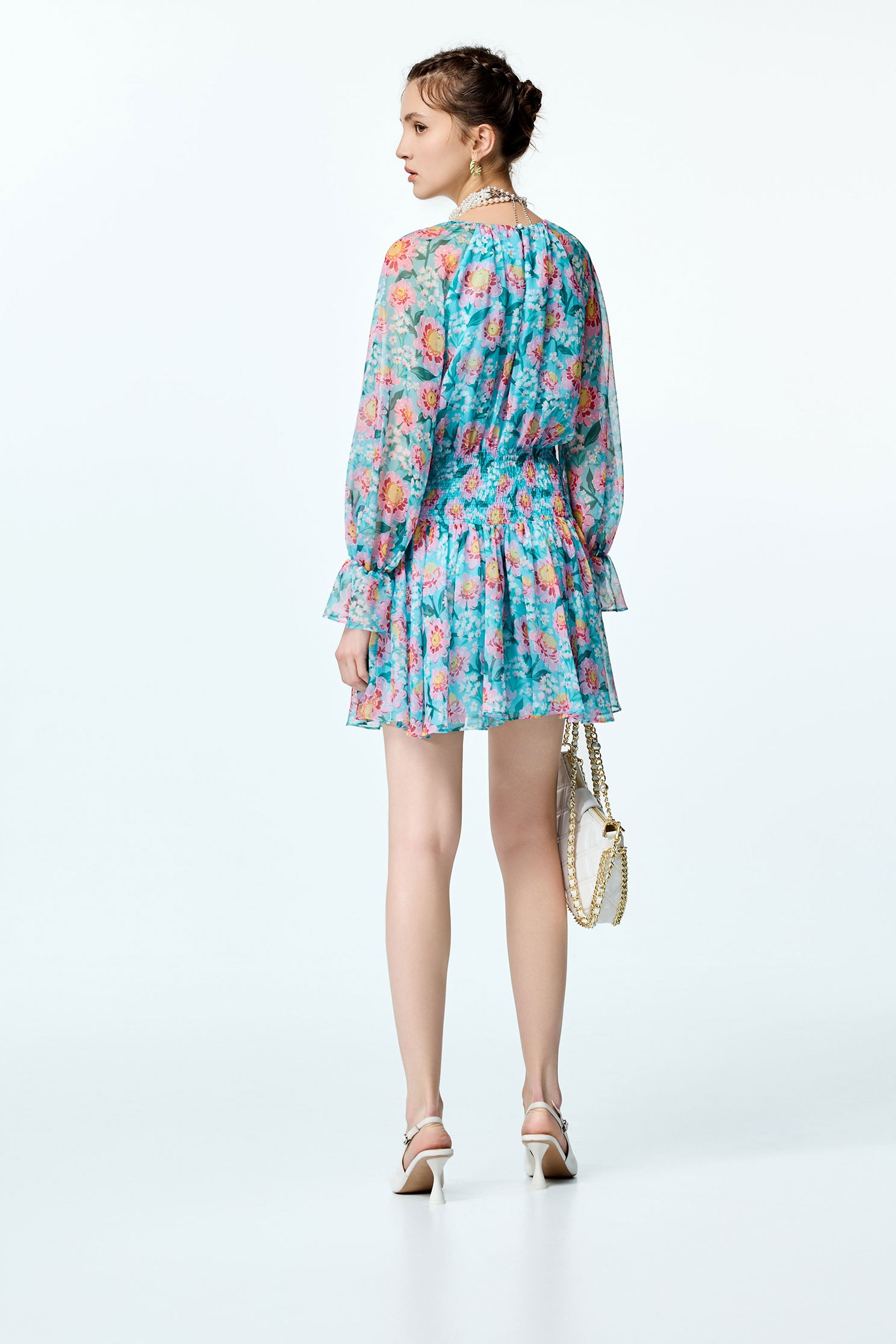 Floral Print Long Sleeve Short DressFloral Print Long Sleeve Short Dress,V-neck dresses,Embroidered,Printed dresses,Chiffon dresses,Season (AW) Look,blossoms,Chiffon,Chiffon dresses
