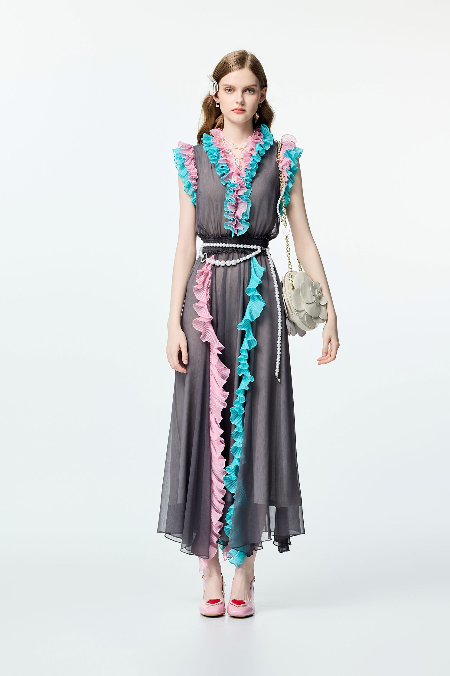 Contrast Colour Ruffle Trim Detail Chiffon DressContrast Colour Ruffle Trim Detail Chiffon Dress,Dresses,Chiffon dresses,Season (AW) Look,Chiffon,Chiffon dresses