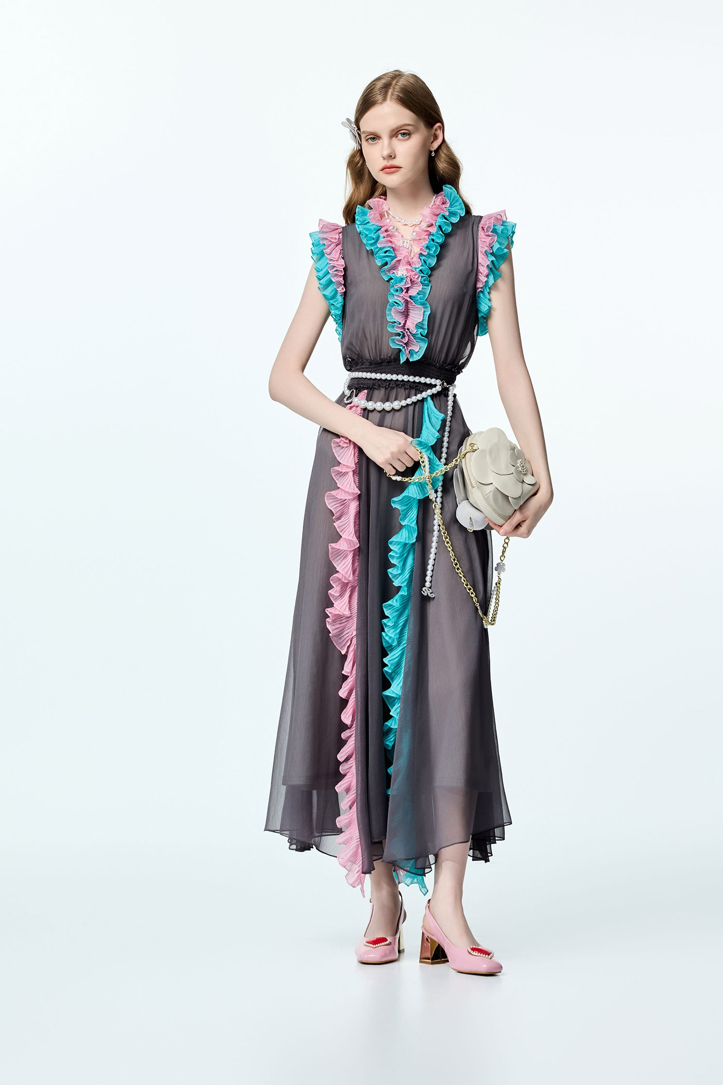 Contrast Colour Ruffle Trim Detail Chiffon DressContrast Colour Ruffle Trim Detail Chiffon Dress,Dresses,Chiffon dresses,Season (AW) Look,Chiffon,Chiffon dresses
