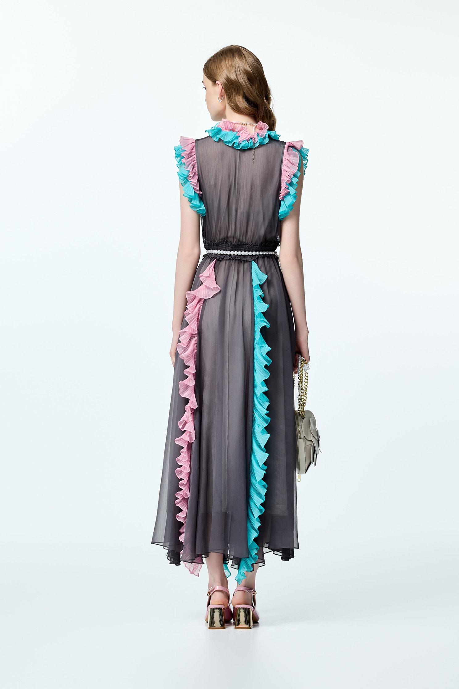 Contrast Colour Ruffle Trim Detail Chiffon DressContrast Colour Ruffle Trim Detail Chiffon Dress,Dresses,Chiffon dresses,Season (AW) Look,Chiffon,Chiffon dresses