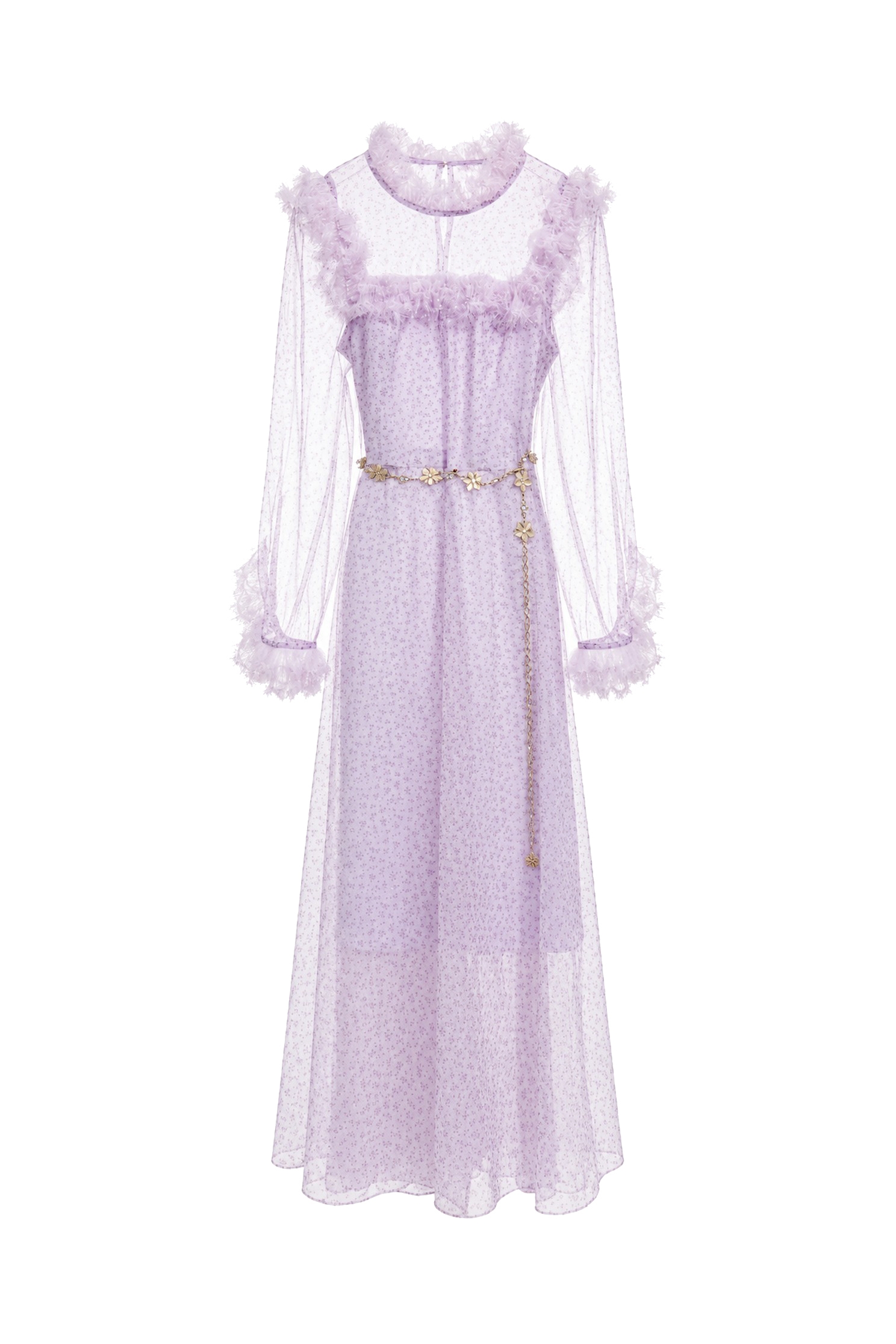 Printed Floral Mesh Ruffle Maxi Dress,Dresses,Tops,Season (AW) Look,Mesh fabric