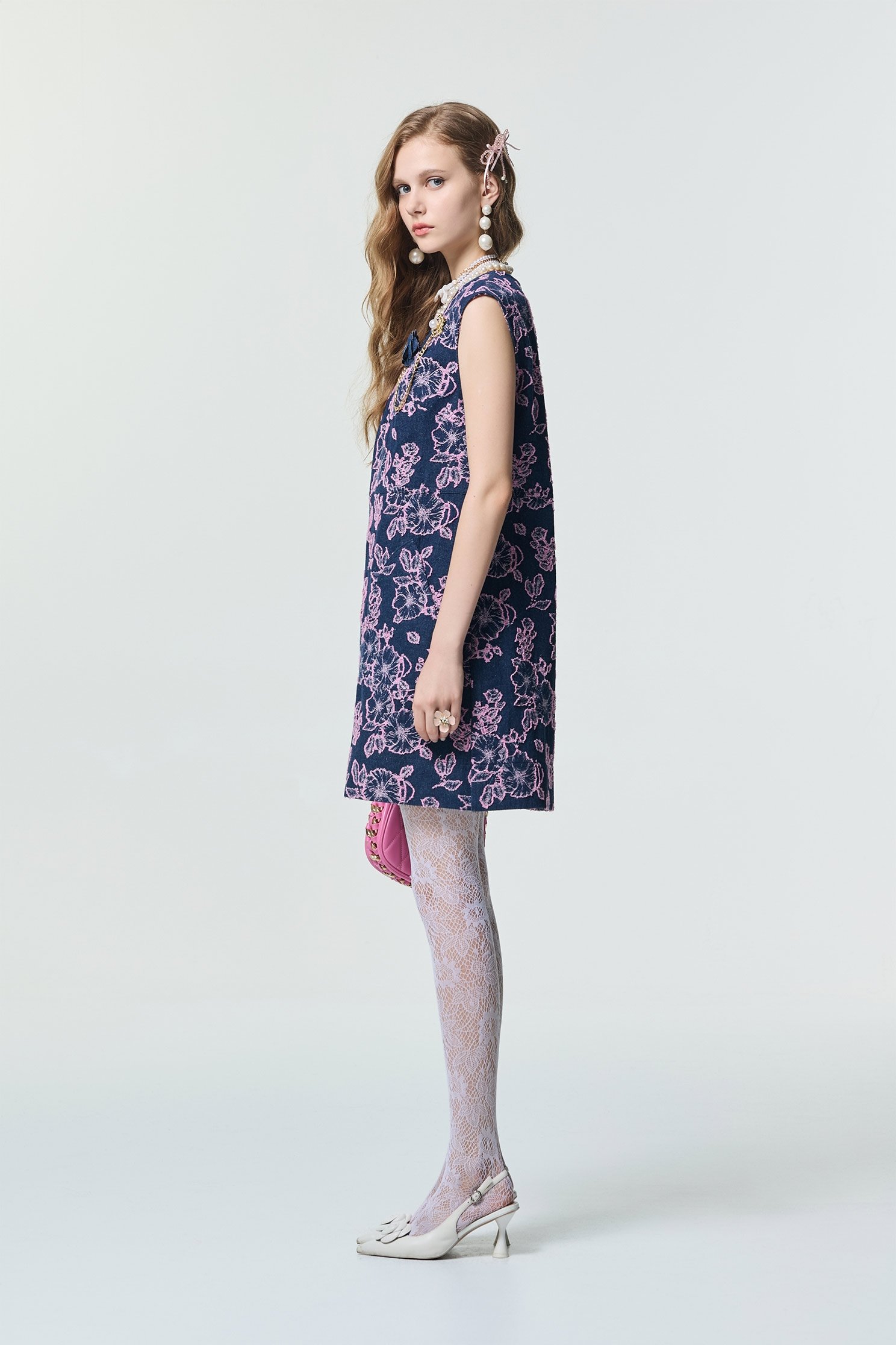 Floral Motif Sleveeless Denim DressFloral Motif Sleveeless Denim Dress,Dresses,Season (SS) Look,Denim,pearl