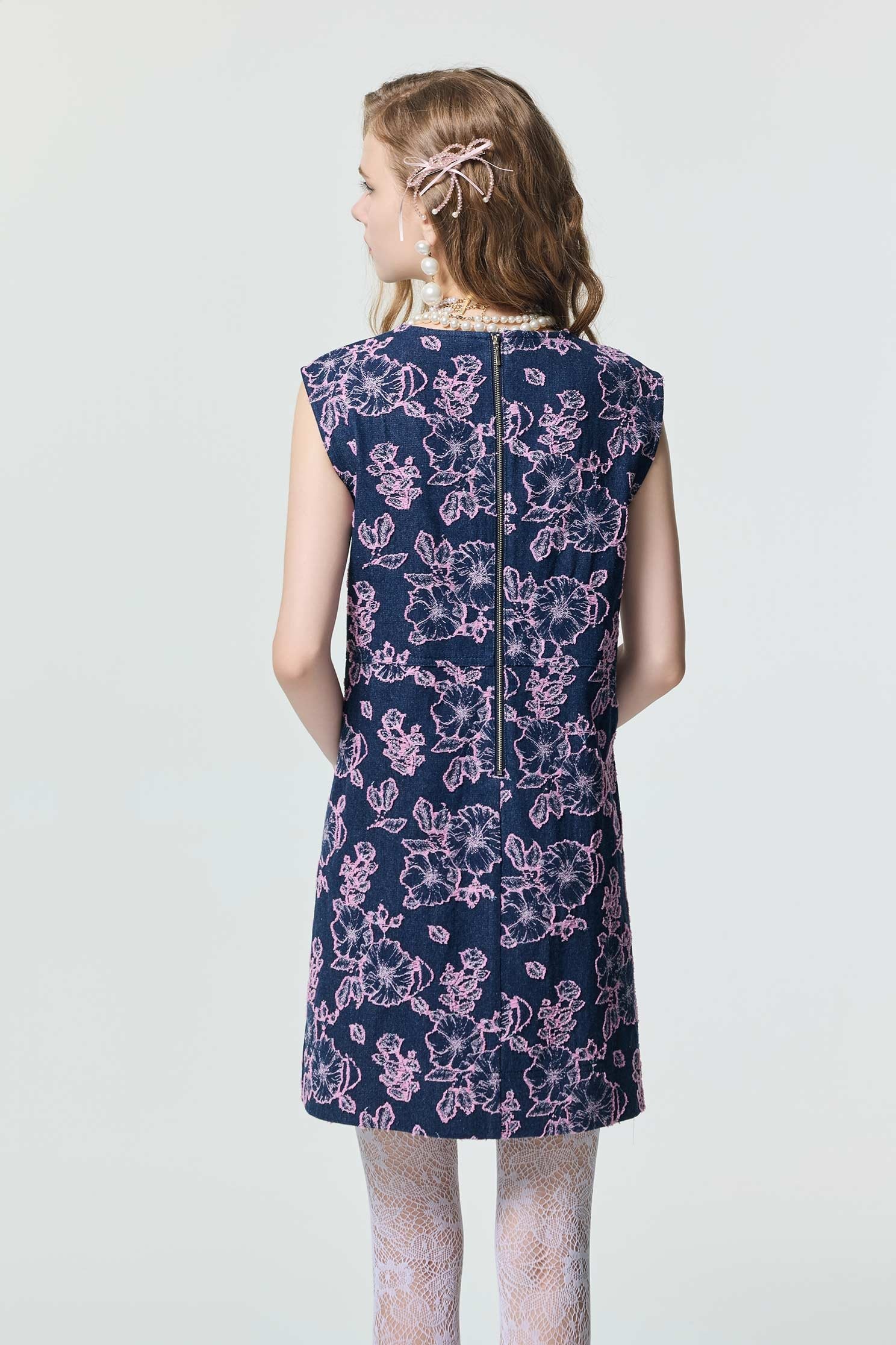 Floral Motif Sleveeless Denim DressFloral Motif Sleveeless Denim Dress,Dresses,Season (SS) Look,Denim,pearl
