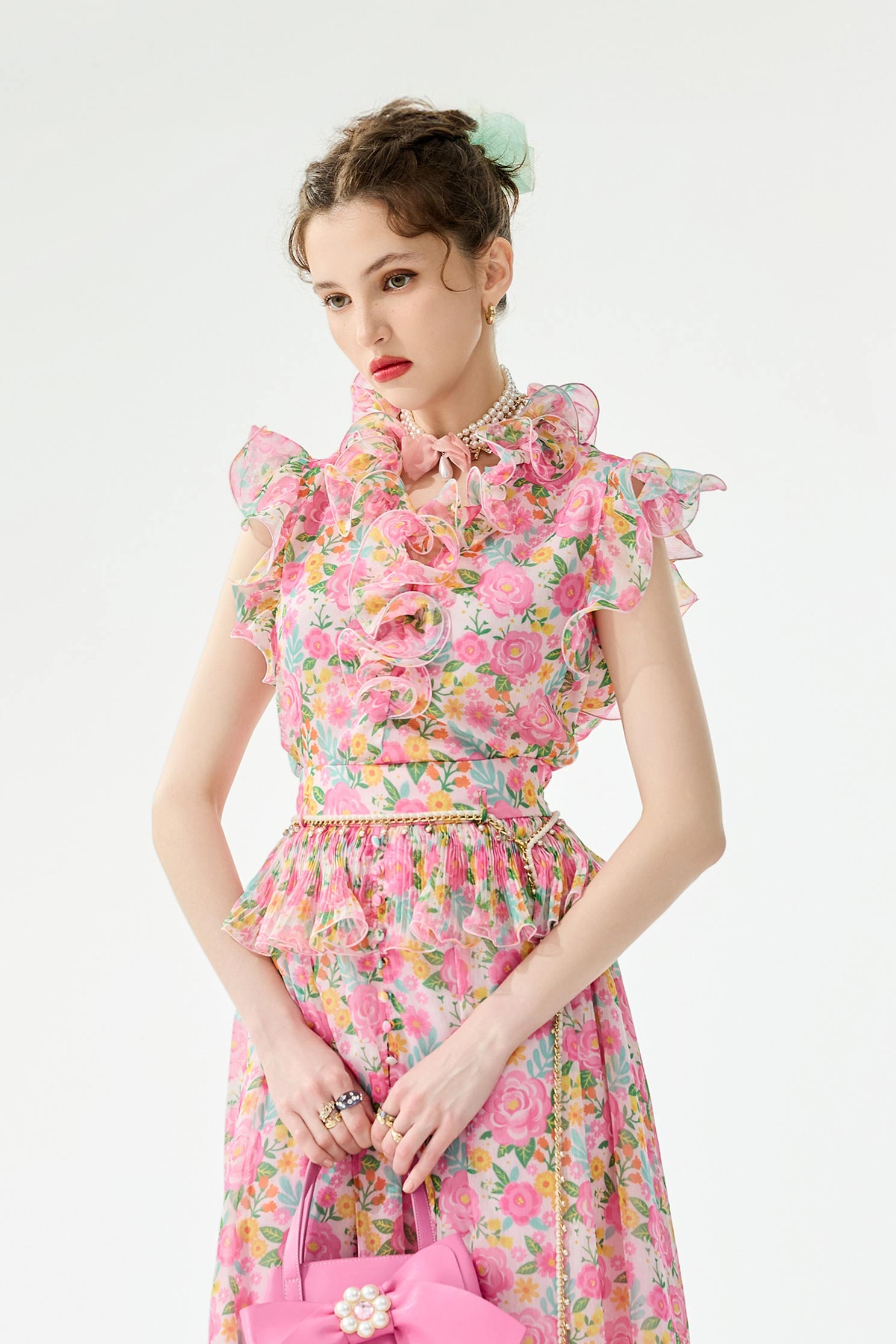 Floral Print Ruffle Detail VestFloral Print Ruffle Detail Vest,sleeveless tops,Tops,Season (SS) Look,sleeveless tops,Chiffon