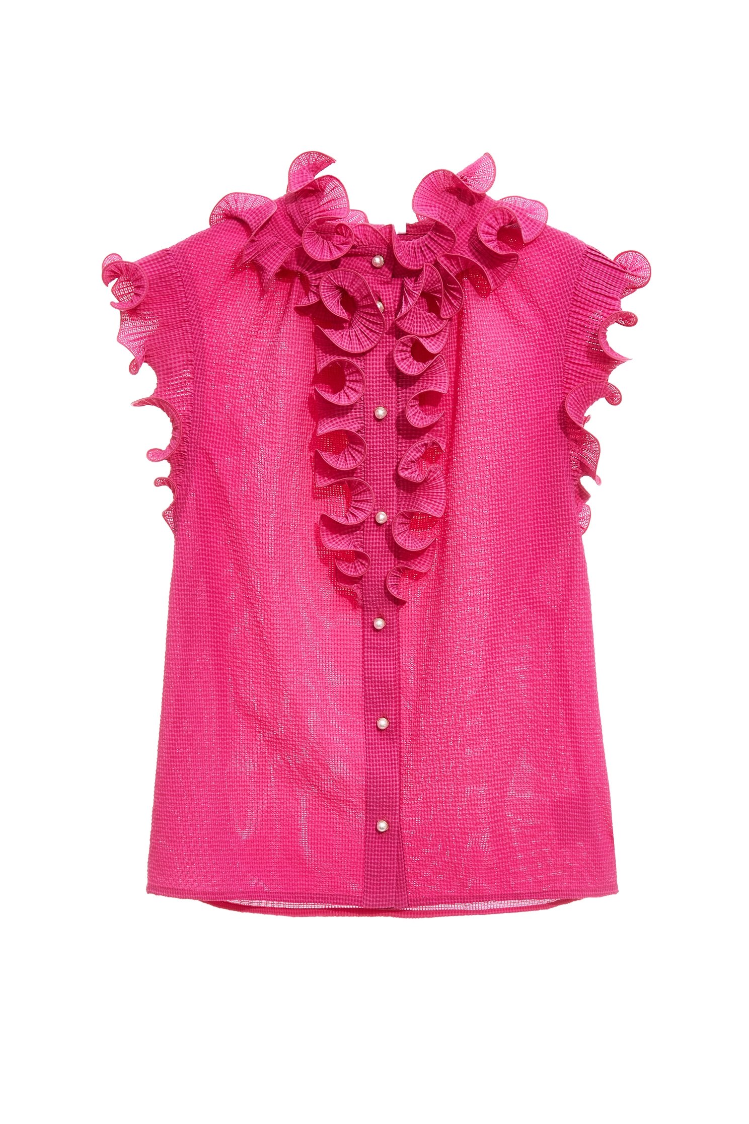 Button Front Fushia Pink Ruffle VestButton Front Fushia Pink Ruffle Vest,sleeveless tops,Tops,Season (SS) Look,pearl