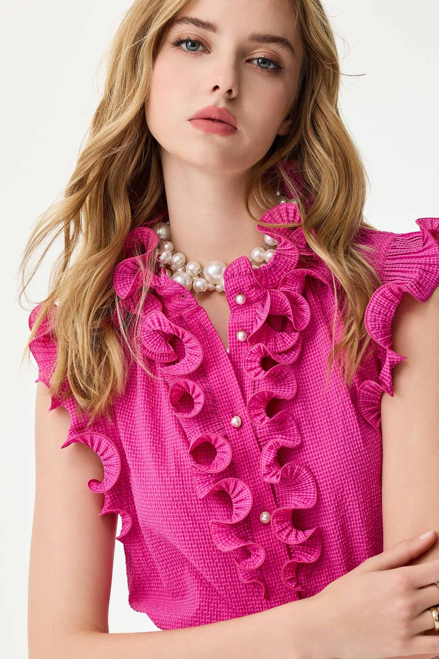 Button Front Fushia Pink Ruffle VestButton Front Fushia Pink Ruffle Vest,sleeveless tops,Tops,Season (SS) Look,pearl